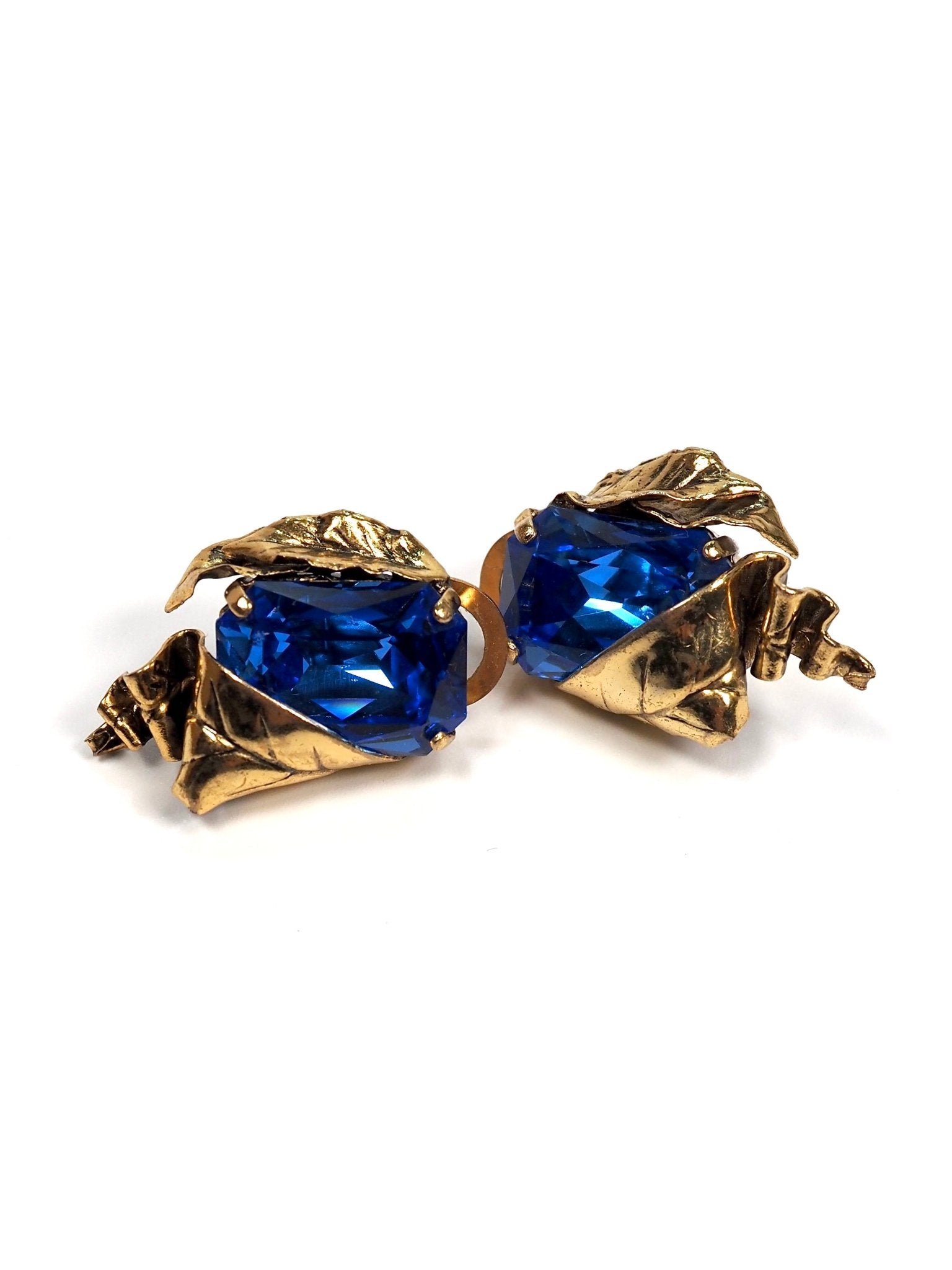 Alexa Lecomte Blue Glass Stone Gold Leaf Earrings - Georgie's NYC - Earrings