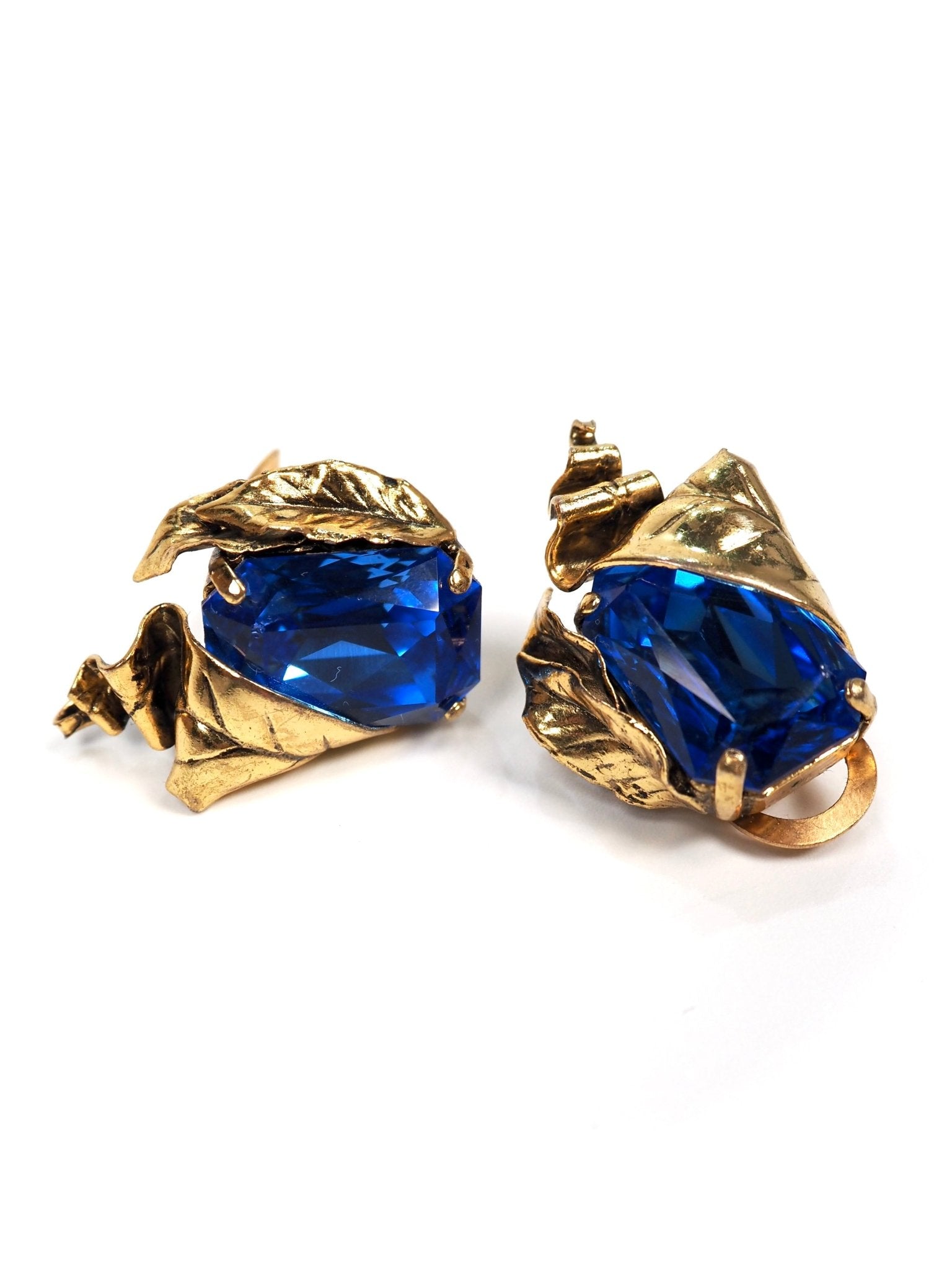 Alexa Lecomte Blue Glass Stone Gold Leaf Earrings - Georgie's NYC - Earrings