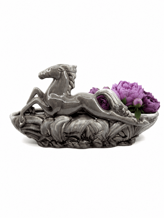American Mid Century Gray Glazed Leaping Horse Figural Planter - Georgie's NYC - Decorative Objects