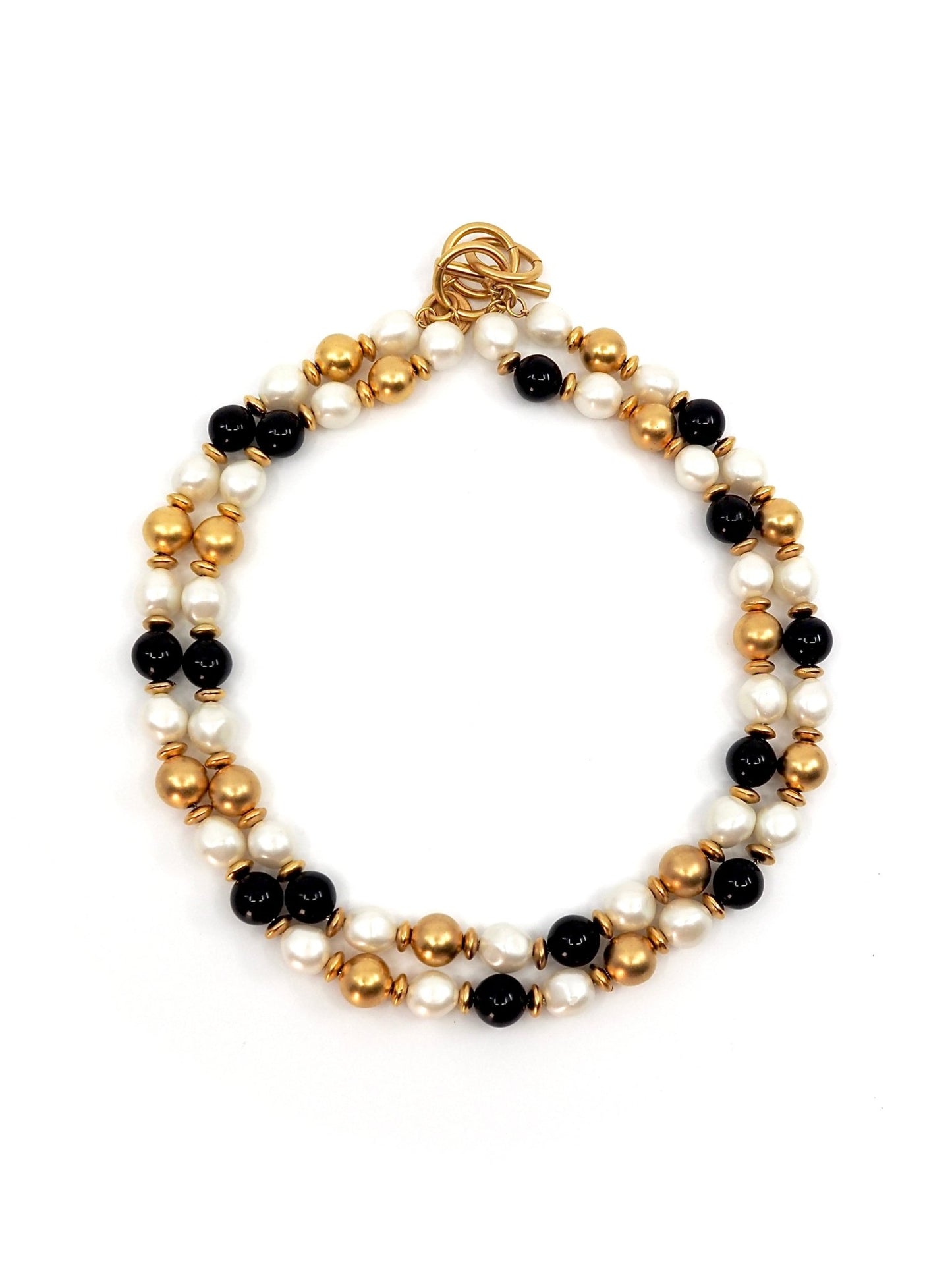Anne Klein Double Strand Black, Faux Pearl and Gold Tone Bead Necklace - Georgie's NYC - Necklaces