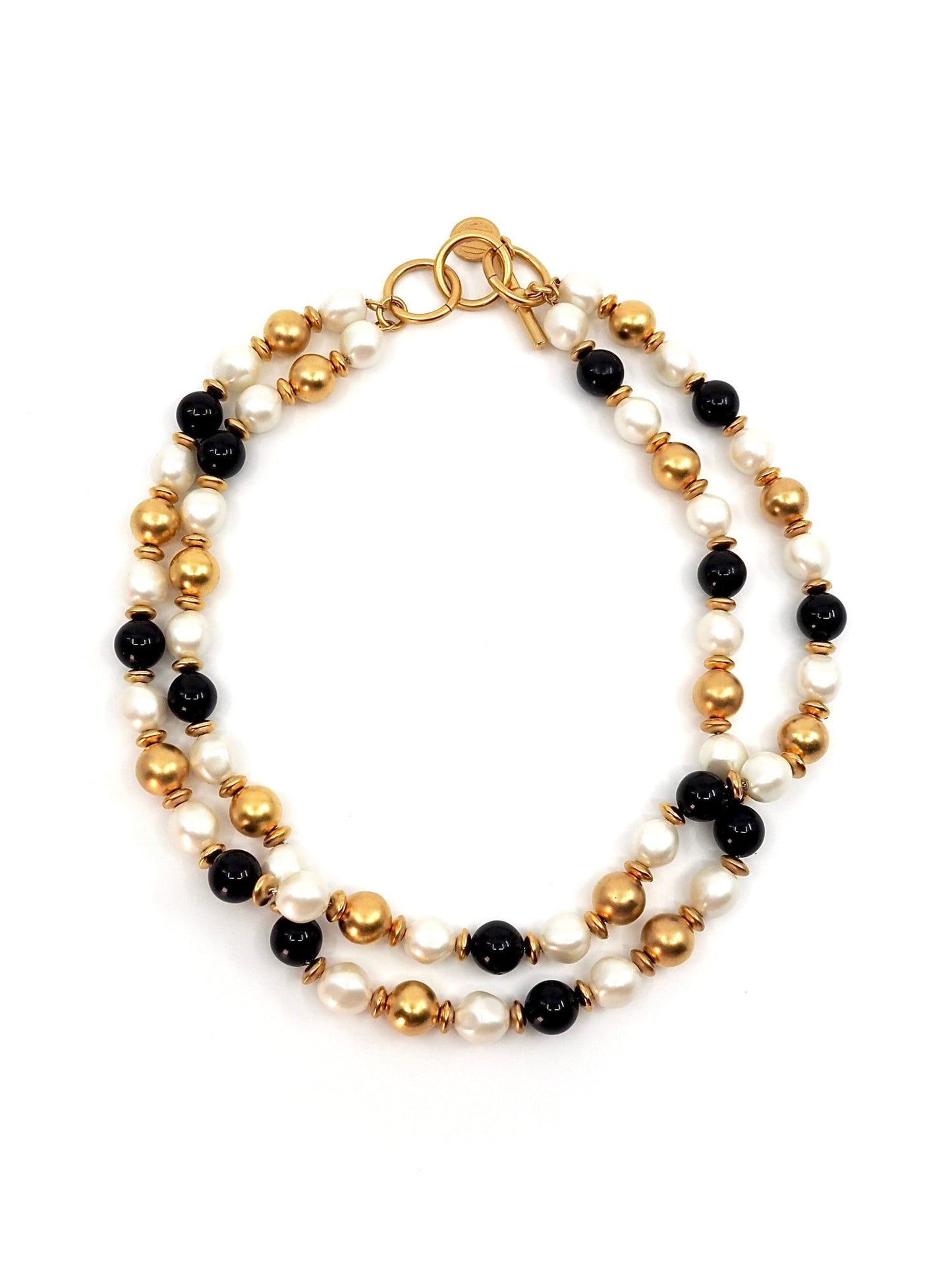 Anne Klein Double Strand Black, Faux Pearl and Gold Tone Bead Necklace - Georgie's NYC - Necklaces