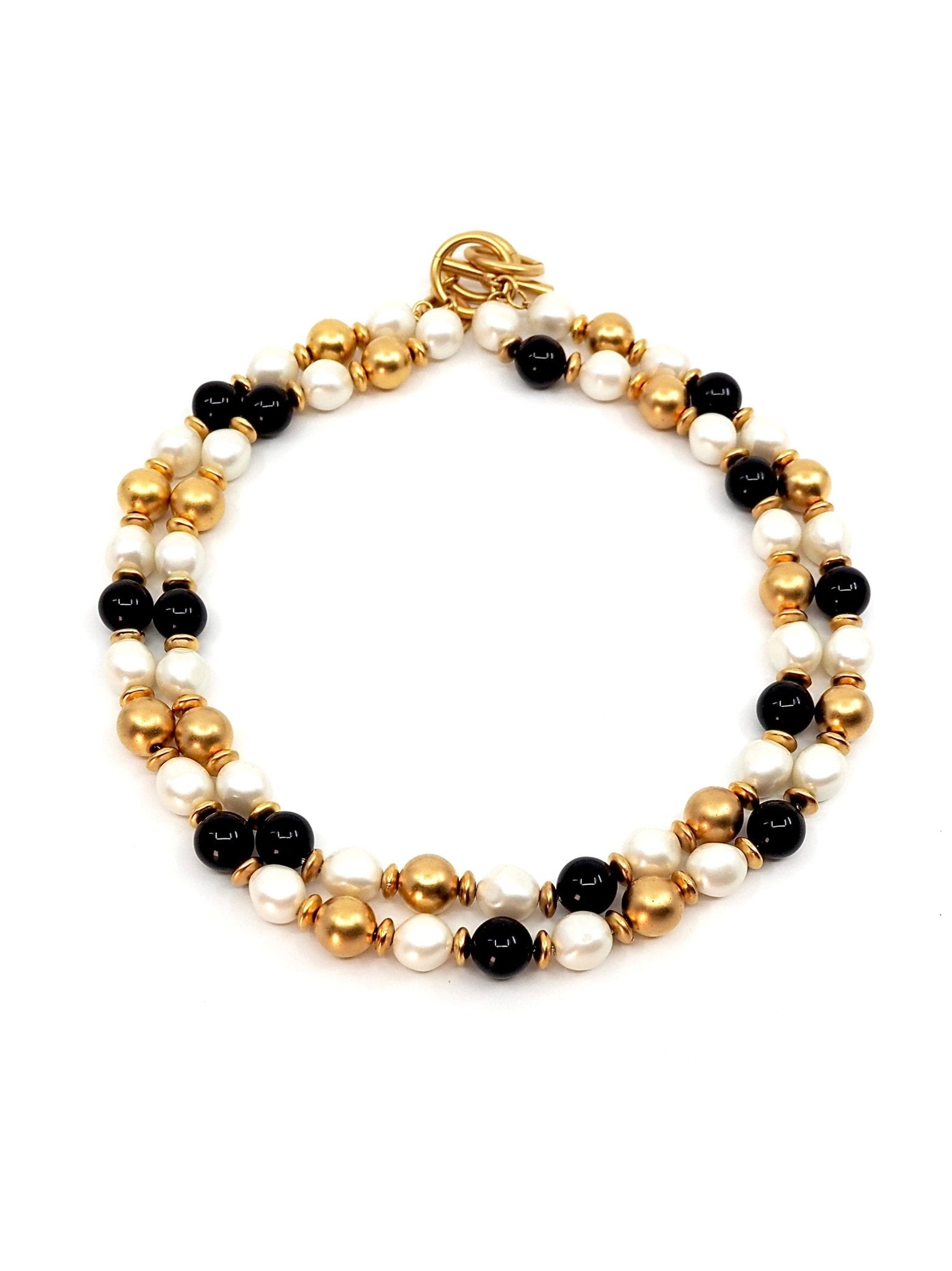 Anne Klein Double Strand Black, Faux Pearl and Gold Tone Bead Necklace - Georgie's NYC - Necklaces