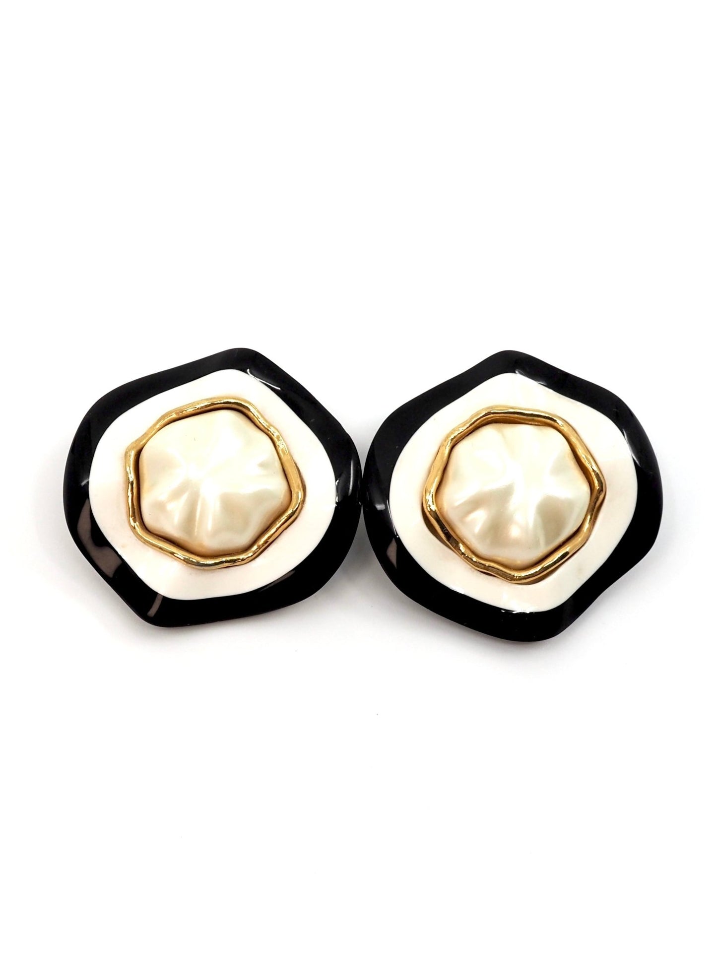 Chanel Black and Cream Resin Faux Pearl Oversized Round Wavy Earrings - Georgie's NYC - Earrings