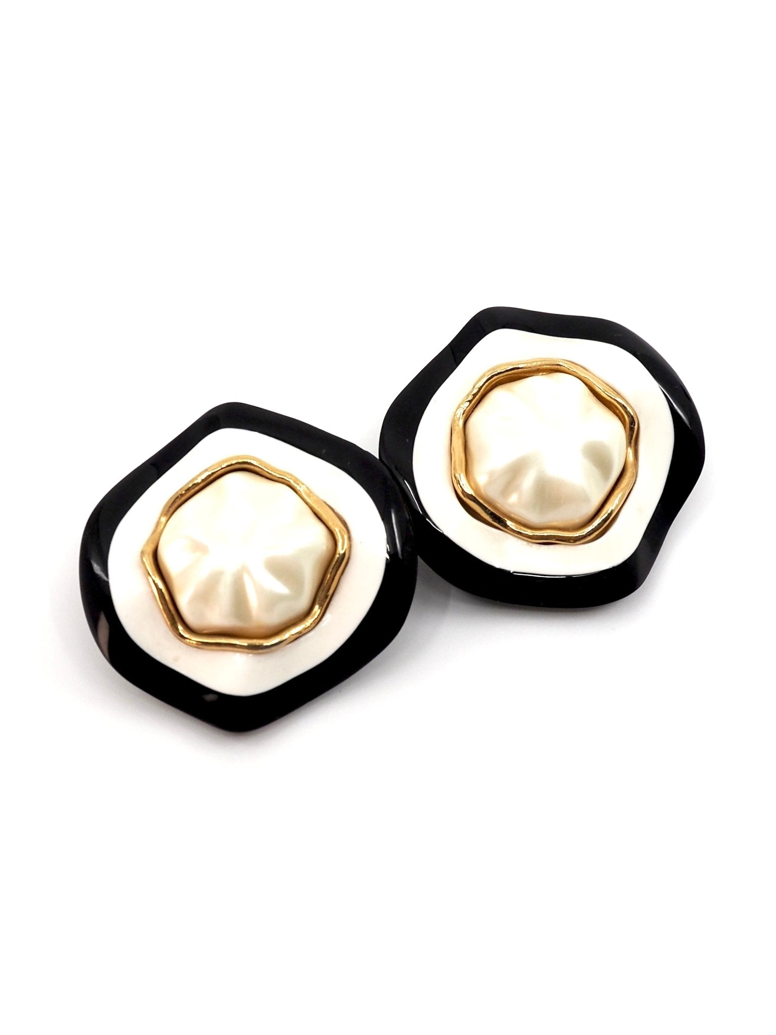 Chanel Black and Cream Resin Faux Pearl Oversized Round Wavy Earrings - Georgie's NYC - Earrings