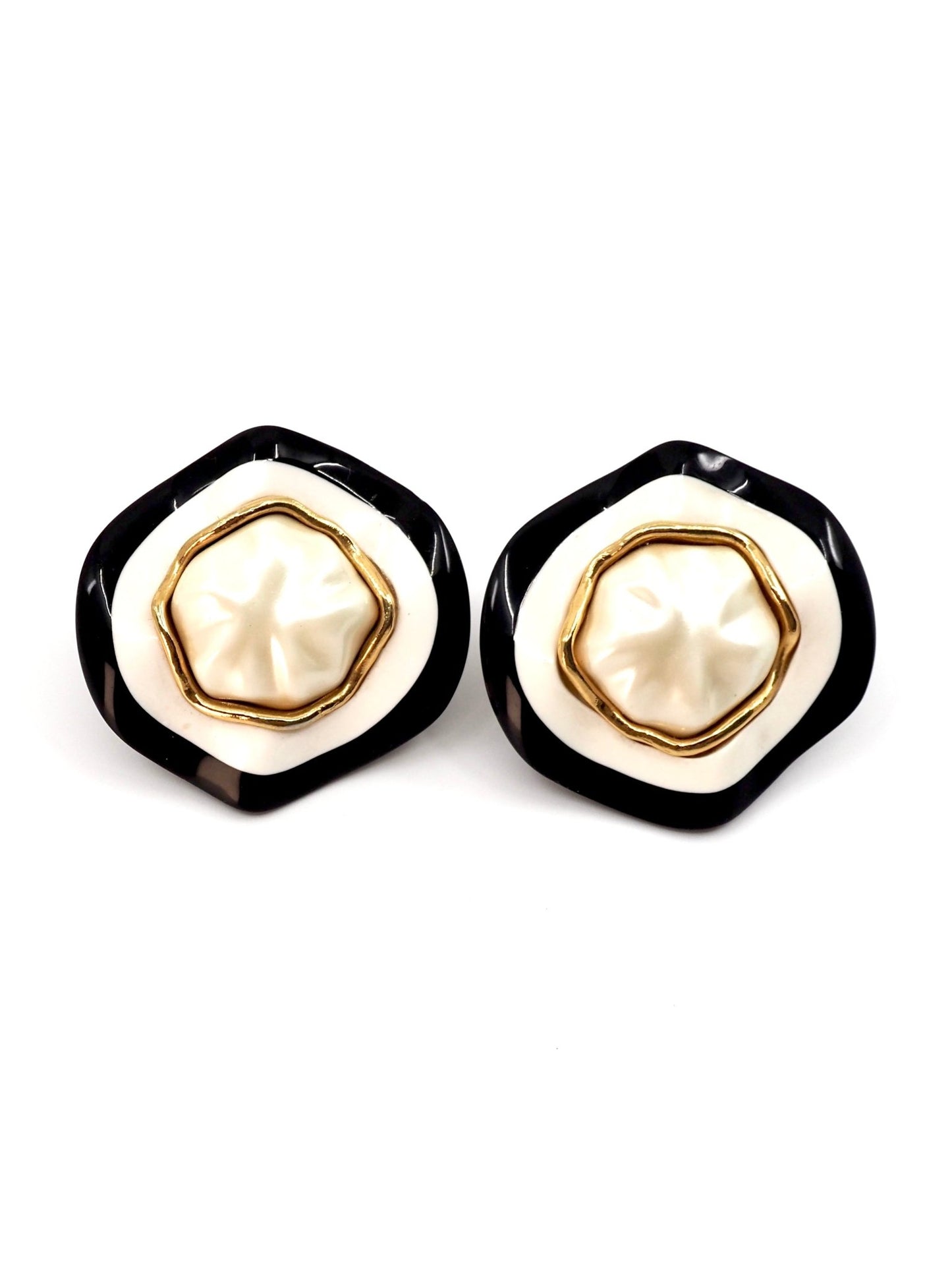 Chanel Black and Cream Resin Faux Pearl Oversized Round Wavy Earrings - Georgie's NYC - Earrings
