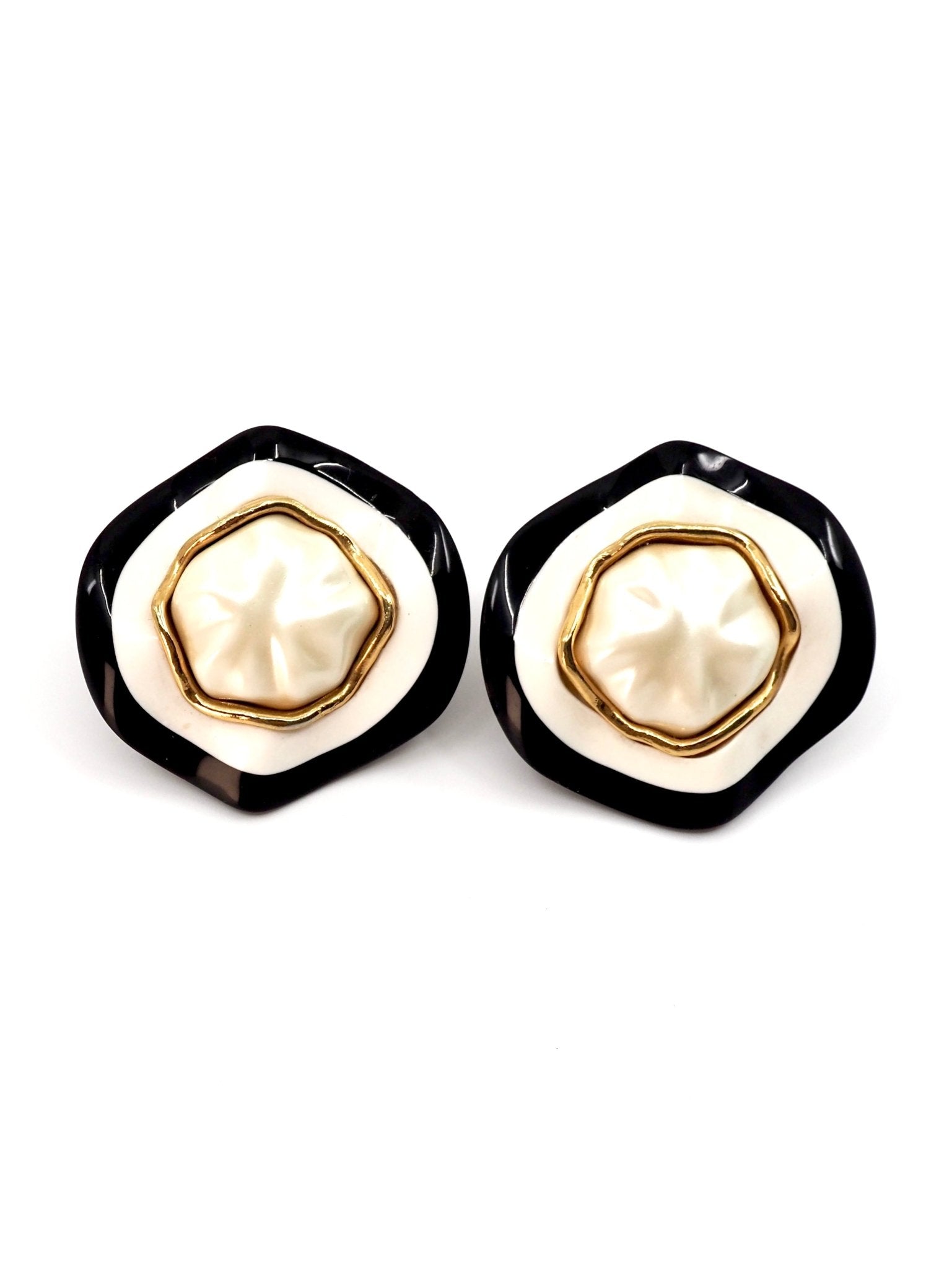 Chanel Black and Cream Resin Faux Pearl Oversized Round Wavy Earrings - Georgie's NYC - Earrings