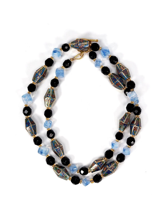 Chinese Cloisonné, Jet, and Cornflower Blue Art Glass Beaded Long Necklace - Georgie's NYC - Necklaces