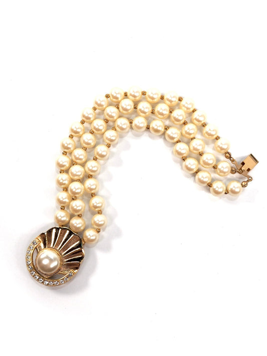 Dauplaise Triple Strand Faux Pearl and Gold Rhinestone Shell Clasp Bracelet - Georgie's NYC - Bracelets