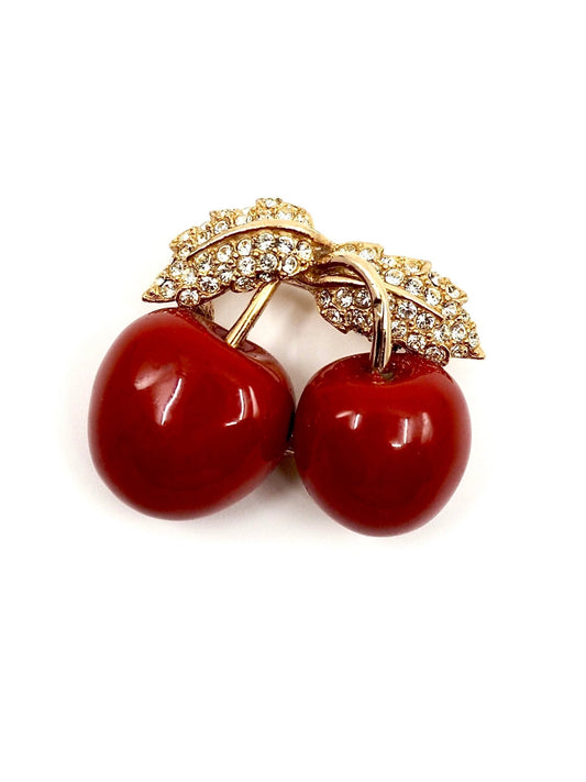 Deep Red Enamel Cherry Brooch with Pavé Rhinestone Leaves - Georgie's NYC - Brooches