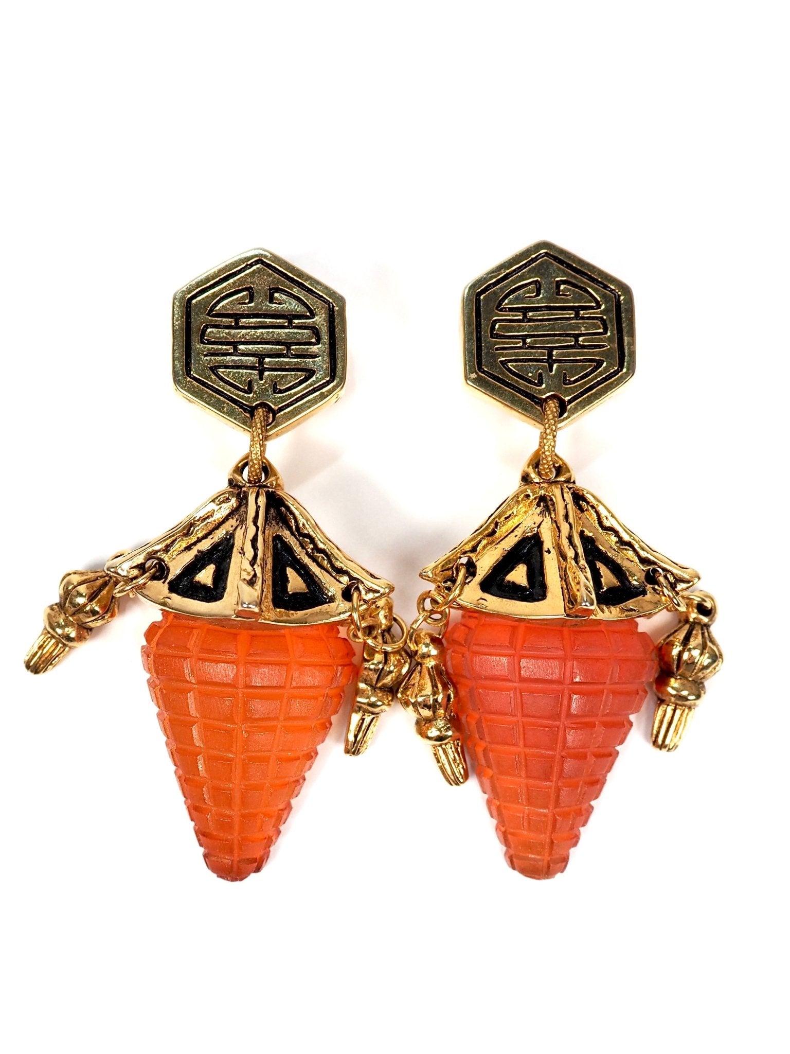 F. Volle Paris Pagoda Gold and Raspberry Lucite Oversized Earrings - Georgie's NYC - Earrings