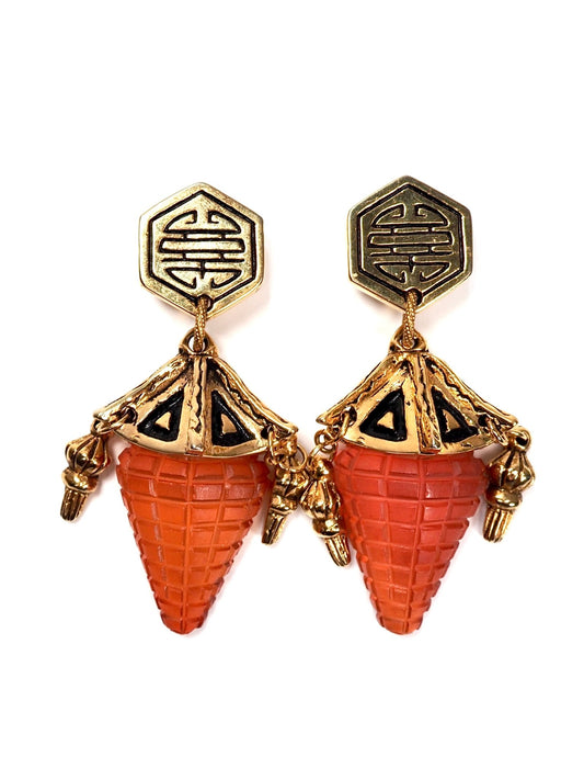 F. Volle Paris Pagoda Gold and Raspberry Lucite Oversized Earrings - Georgie's NYC - Earrings