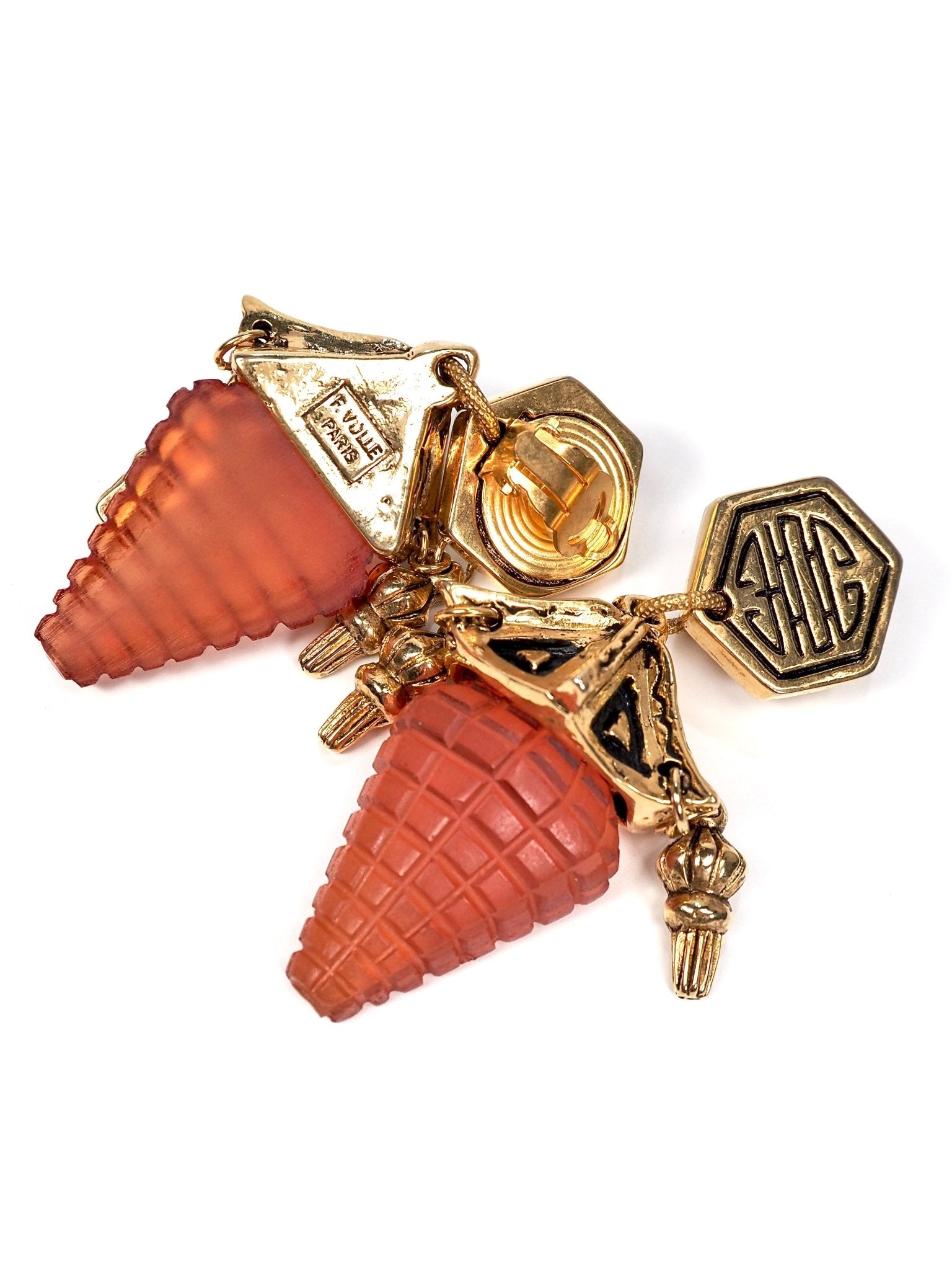 F. Volle Paris Pagoda Gold and Raspberry Lucite Oversized Earrings - Georgie's NYC - Earrings