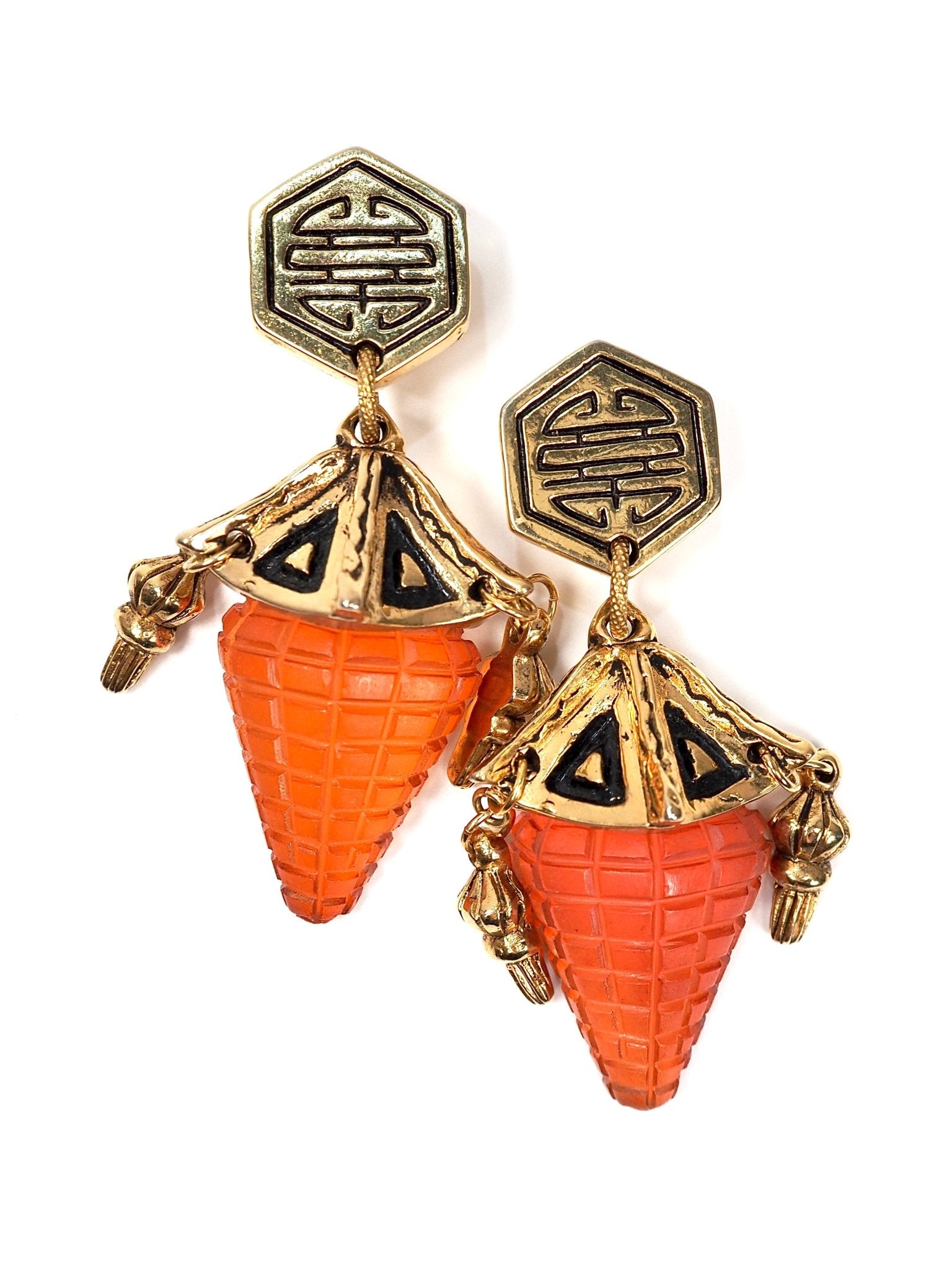 F. Volle Paris Pagoda Gold and Raspberry Lucite Oversized Earrings - Georgie's NYC - Earrings