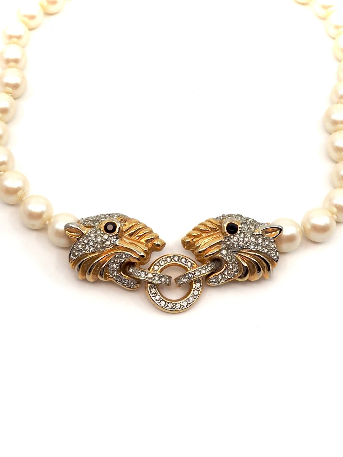 Faux Pearl Collar Necklace with Rhinestone Jaguar Clasp - Georgie's NYC - Necklaces