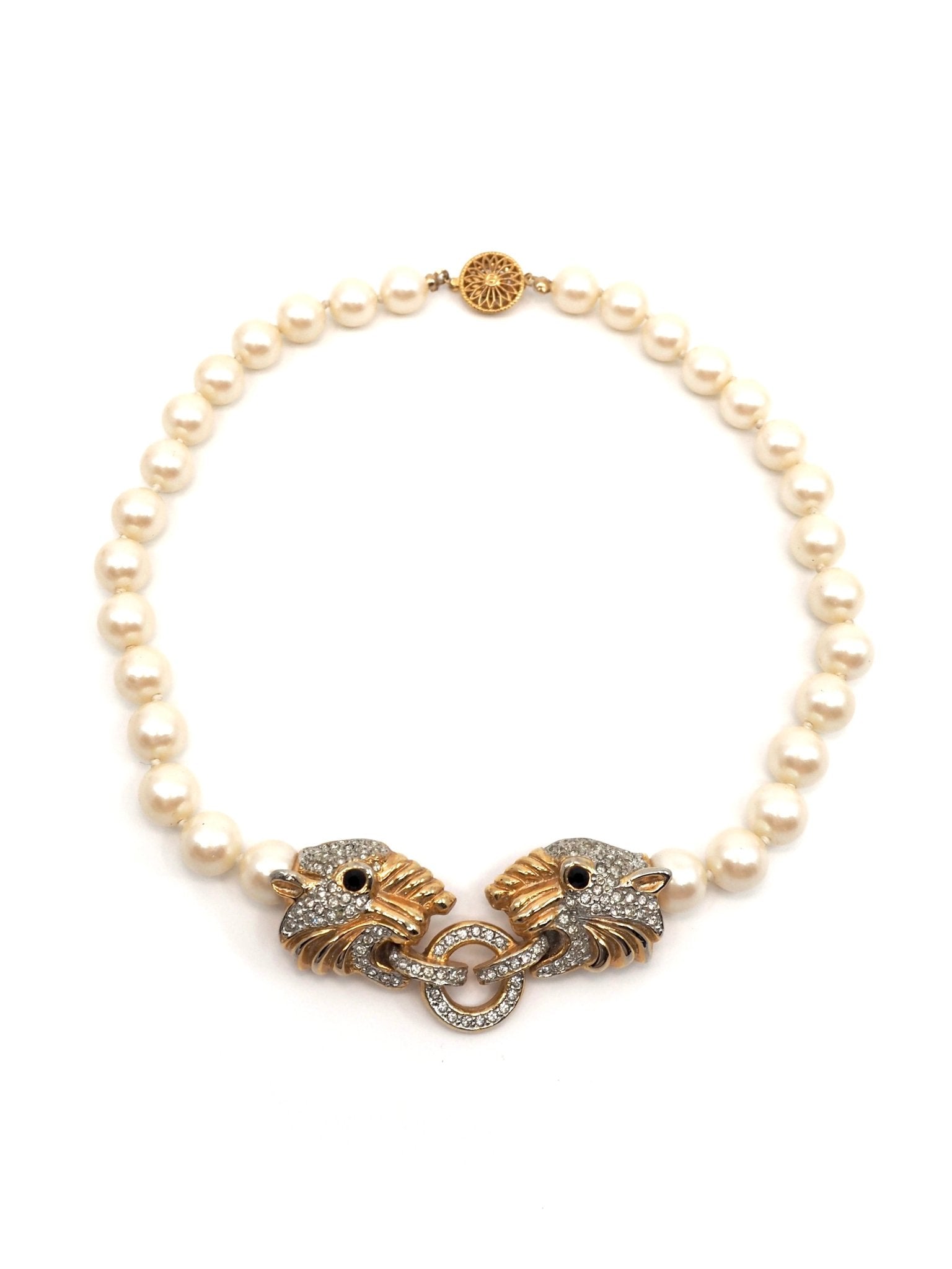 Faux Pearl Collar Necklace with Rhinestone Jaguar Clasp - Georgie's NYC - Necklaces
