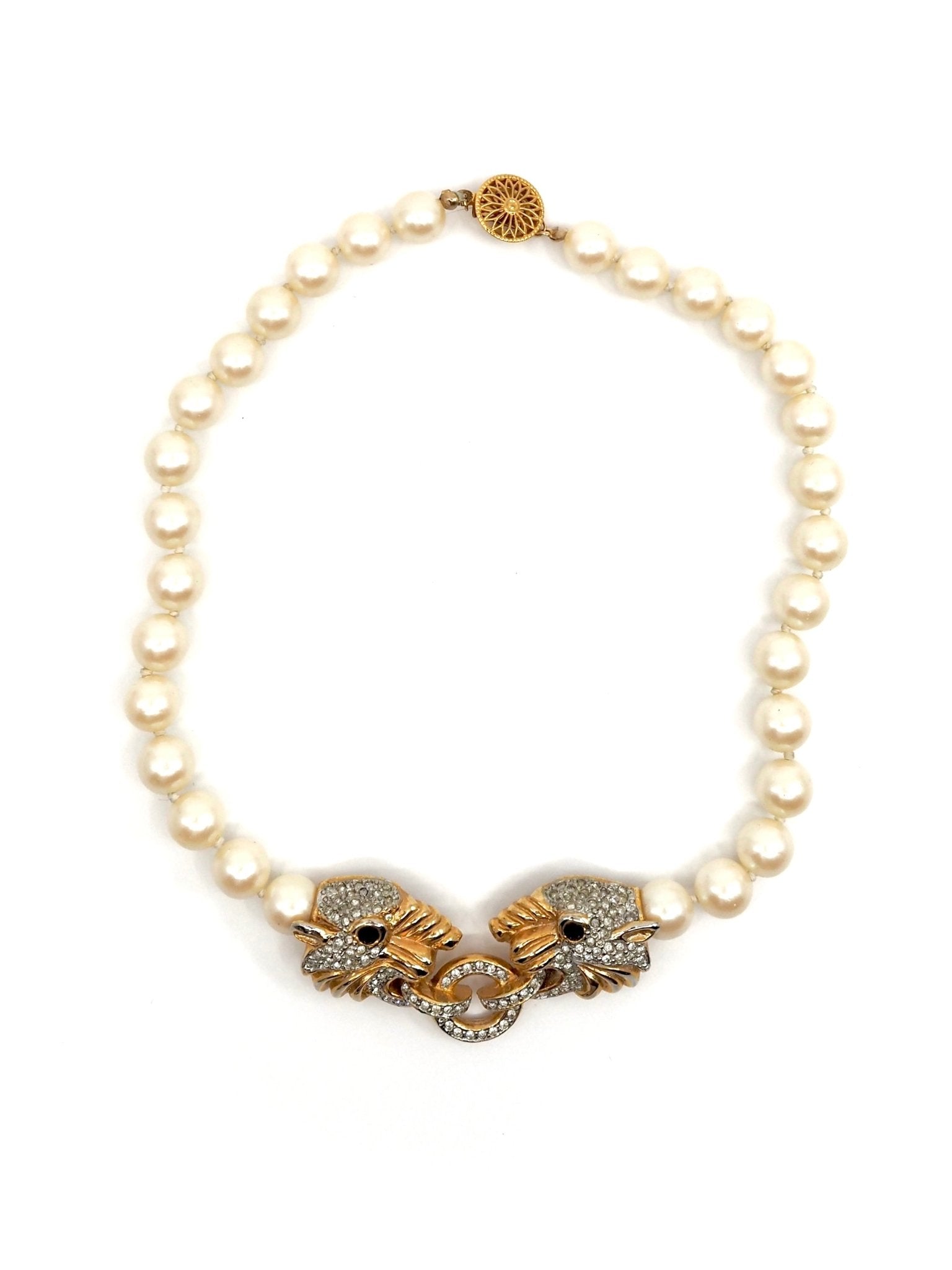 Faux Pearl Collar Necklace with Rhinestone Jaguar Clasp - Georgie's NYC - Necklaces