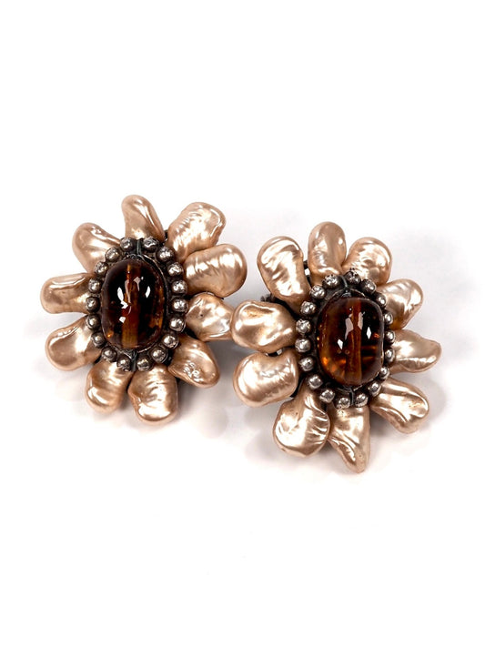 French Gripoix Pearl Silver and Glass Abstract Flower Earrings - Georgie's NYC - Earrings