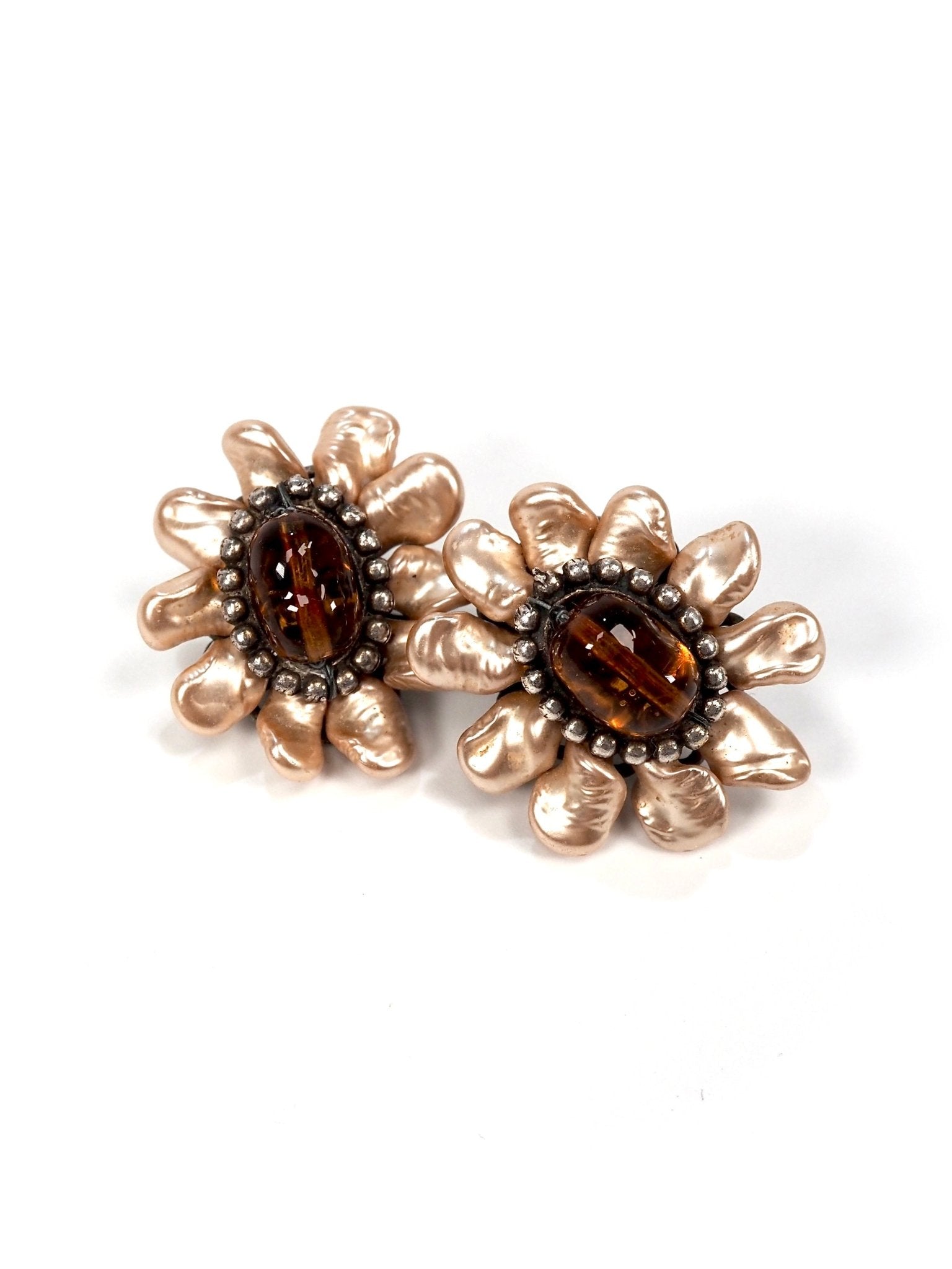 French Gripoix Pearl Silver and Glass Abstract Flower Earrings - Georgie's NYC - Earrings