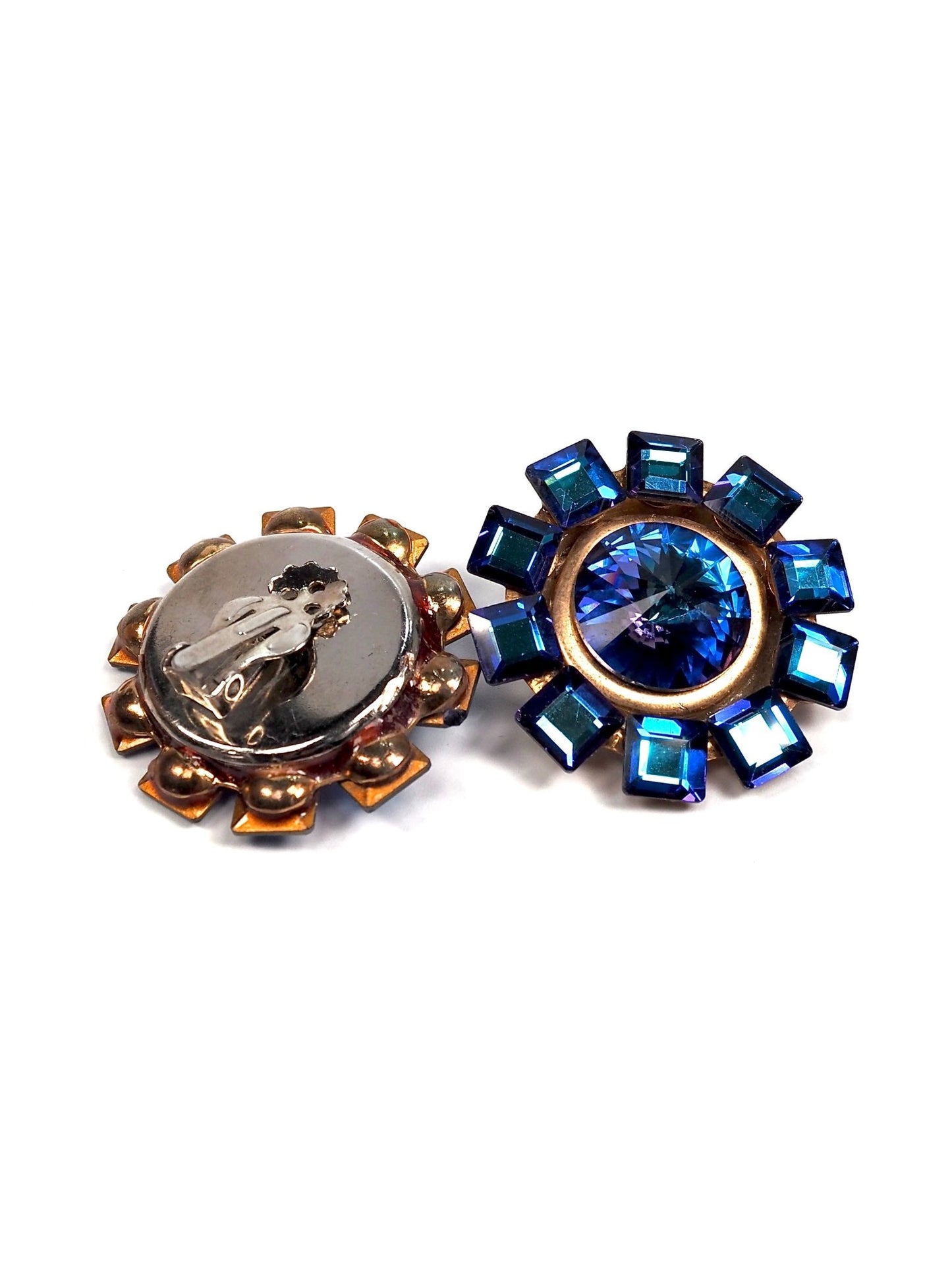 French Oversized Round Blue and Gold Glass Jeweled Earrings - Georgie's NYC - Earrings