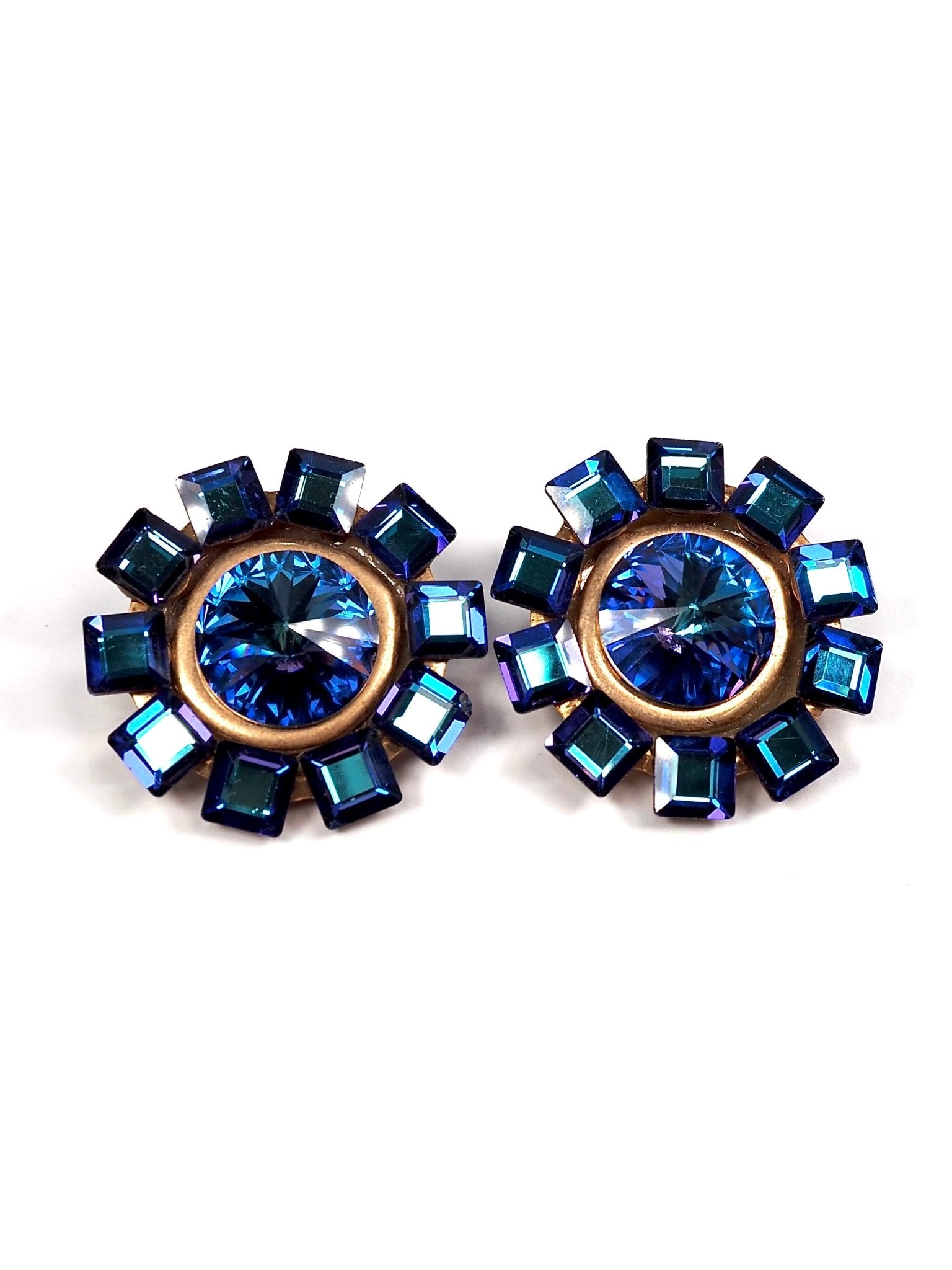 French Oversized Round Blue and Gold Glass Jeweled Earrings - Georgie's NYC - Earrings
