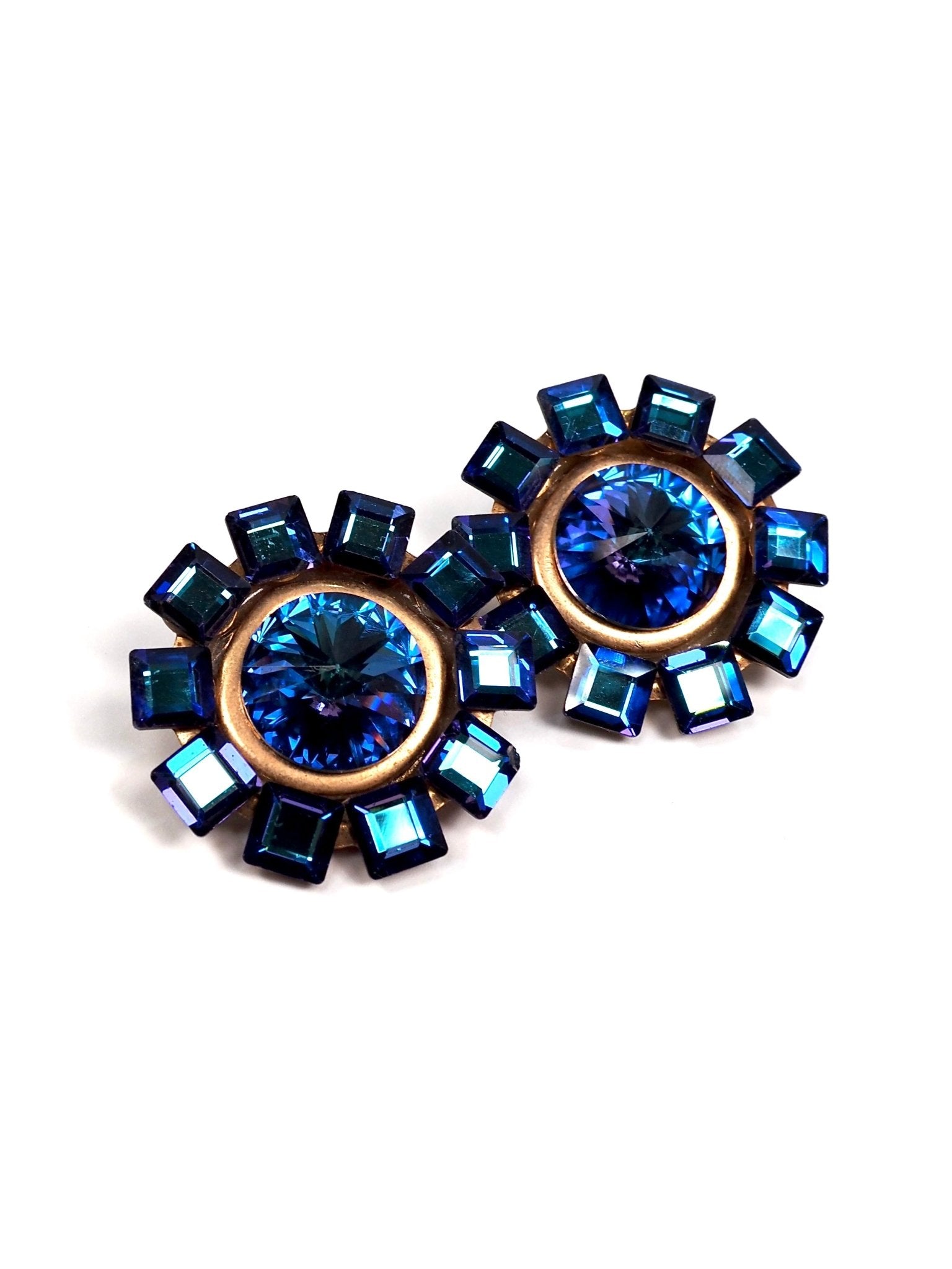 French Oversized Round Blue and Gold Glass Jeweled Earrings - Georgie's NYC - Earrings