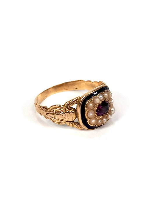 Georgian 18K Gold Ruby and Pearl Blue Enamel Ring - Georgie's NYC - Rings