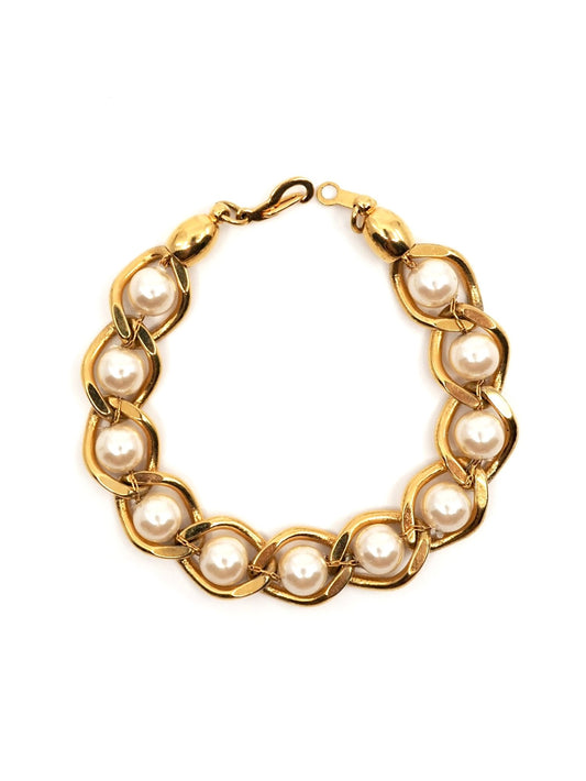 Gold Chunky Curb Link Bracelet with Faux Pearl Stations - Georgie's NYC - Bracelets