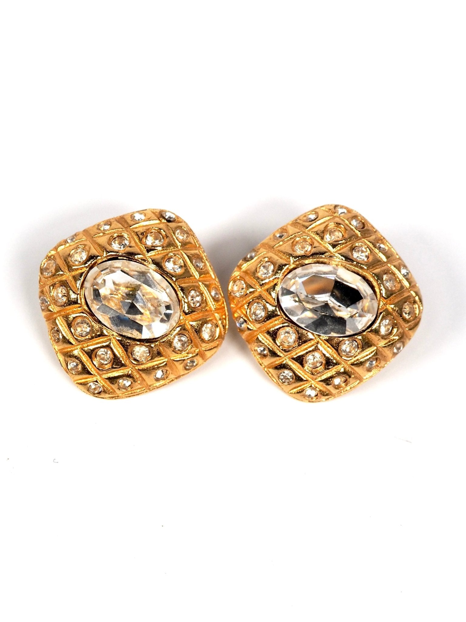 Gold Diamond Shaped Quilted Glass Center Stone Earrings - Georgie's NYC - Earrings