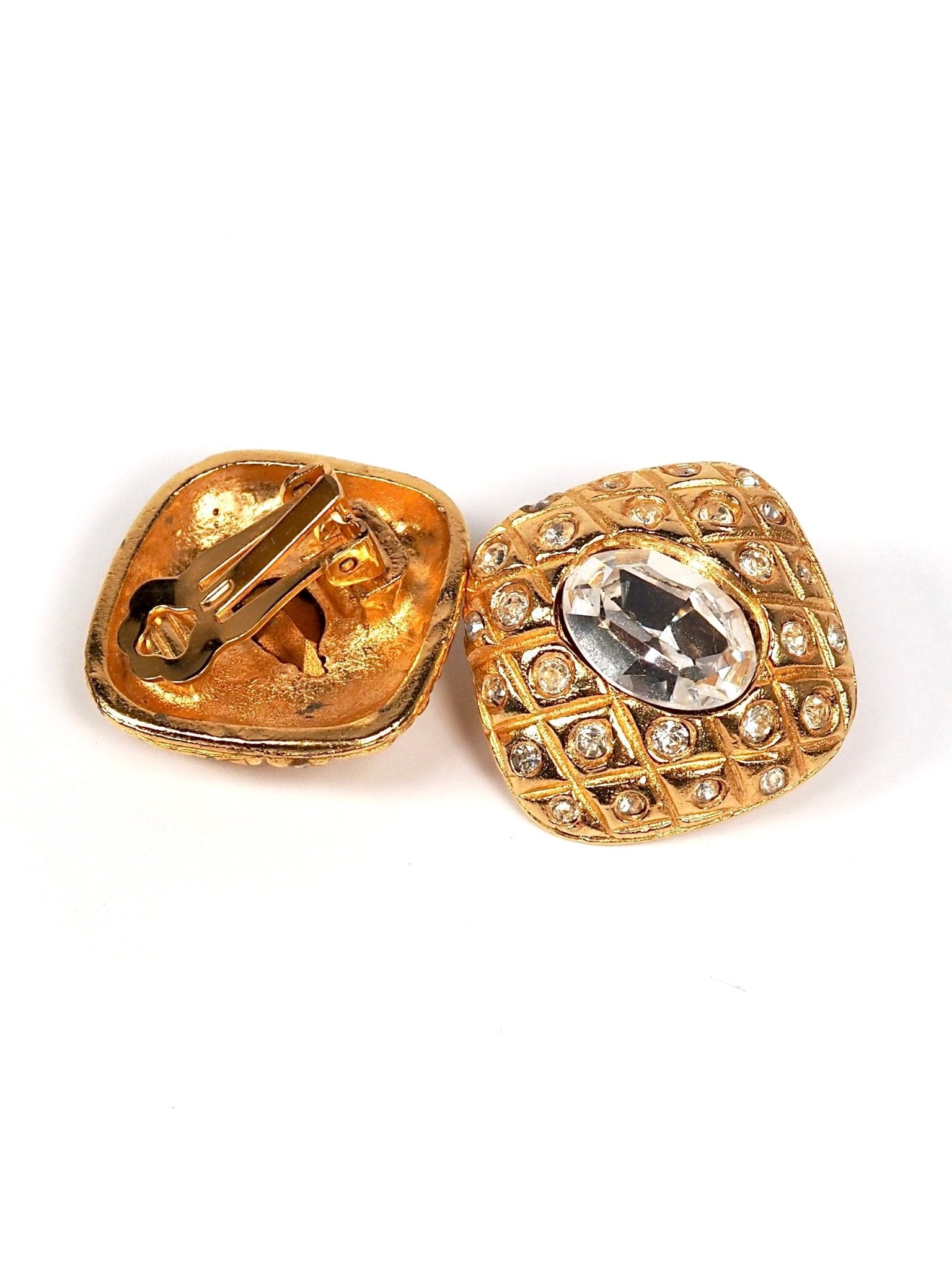 Gold Diamond Shaped Quilted Glass Center Stone Earrings - Georgie's NYC - Earrings