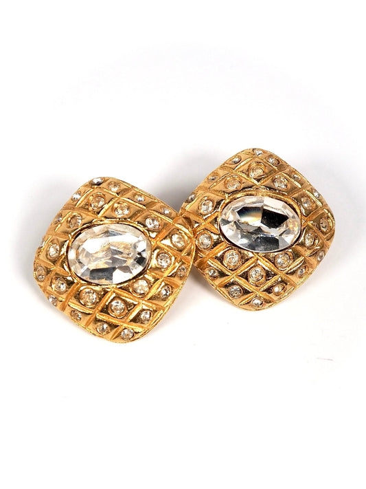 Gold Diamond Shaped Quilted Glass Center Stone Earrings - Georgie's NYC - Earrings