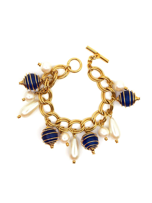 Gold Double Link Chain Charm Bracelet with Blue Caged Beads and Pearls - Georgie's NYC - Bracelets