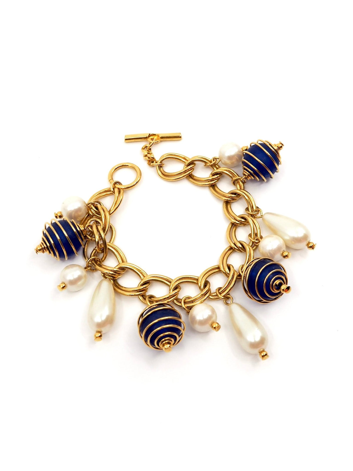 Gold Double Link Chain Charm Bracelet with Blue Caged Beads and Pearls - Georgie's NYC - Bracelets