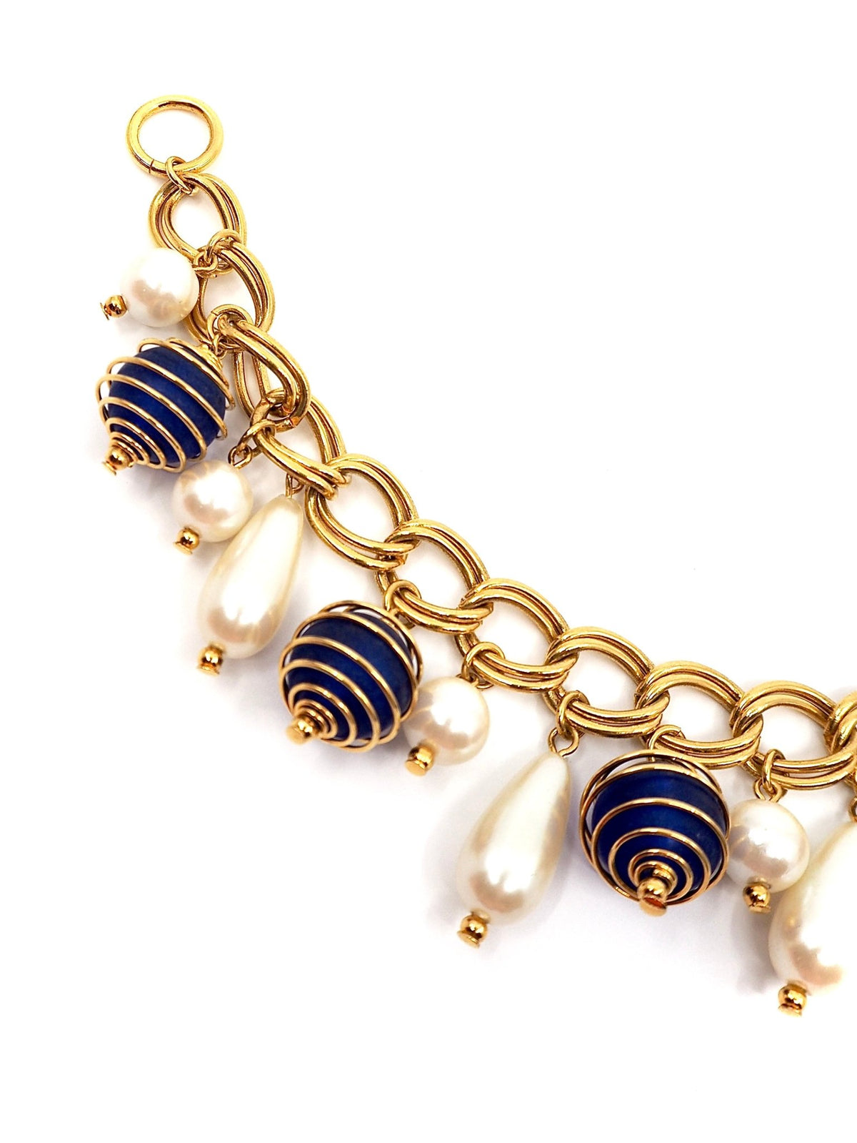 Gold Double Link Chain Charm Bracelet with Blue Caged Beads and Pearls - Georgie's NYC - Bracelets