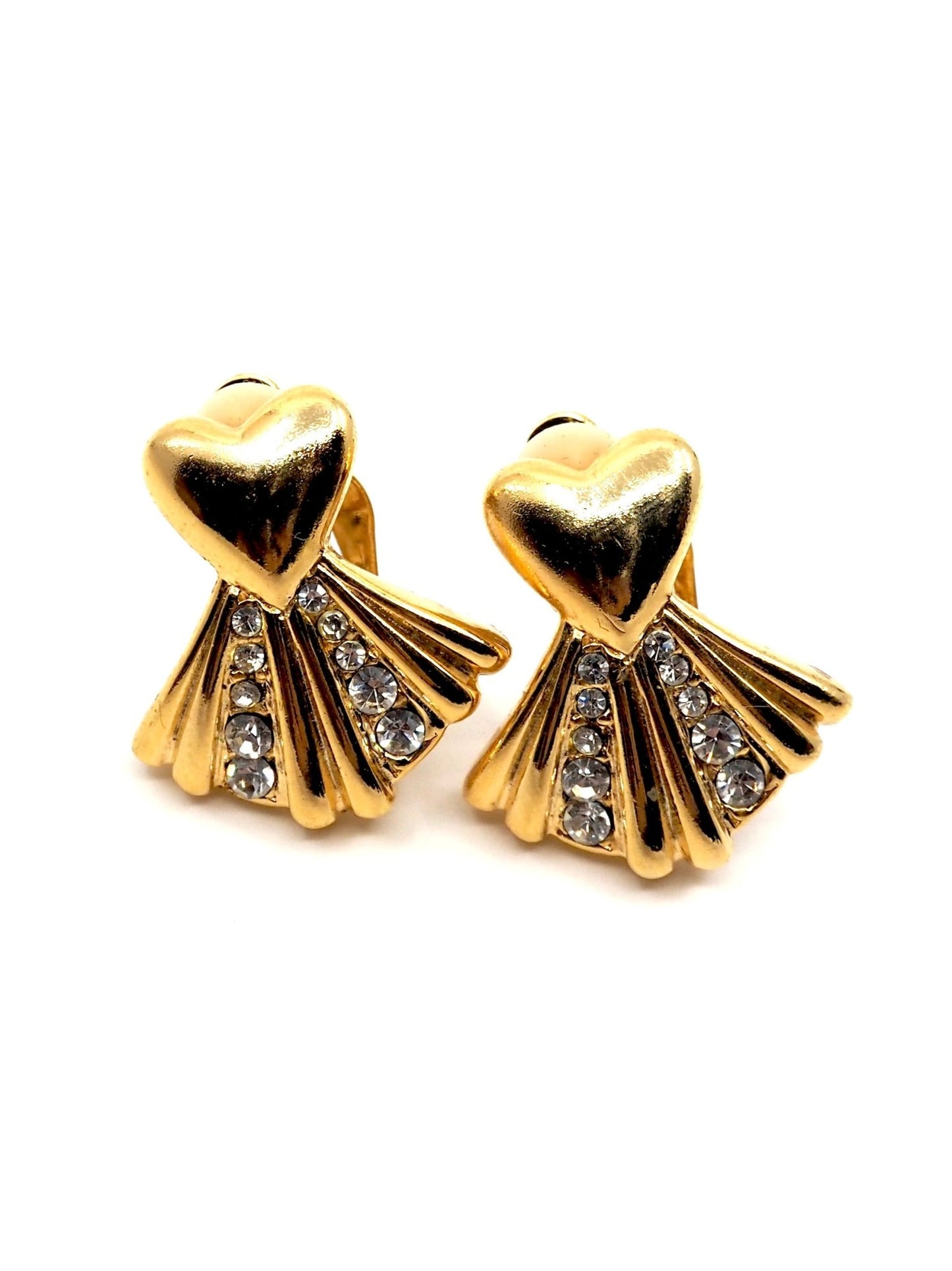 Gold Heart Fluted Fan Rhinestone Earrings - Georgie's NYC - Earrings