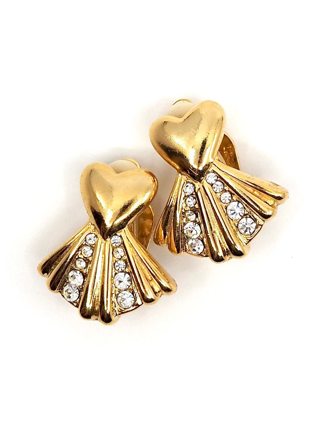 Gold Heart Fluted Fan Rhinestone Earrings - Georgie's NYC - Earrings