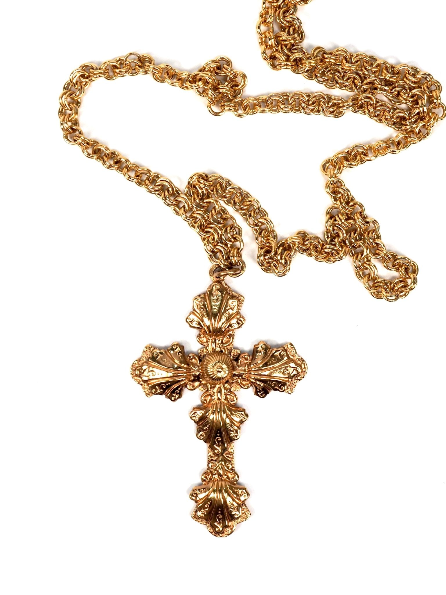 Gold Intricately Detailed Long Cross Necklace - Georgie's NYC - Necklaces