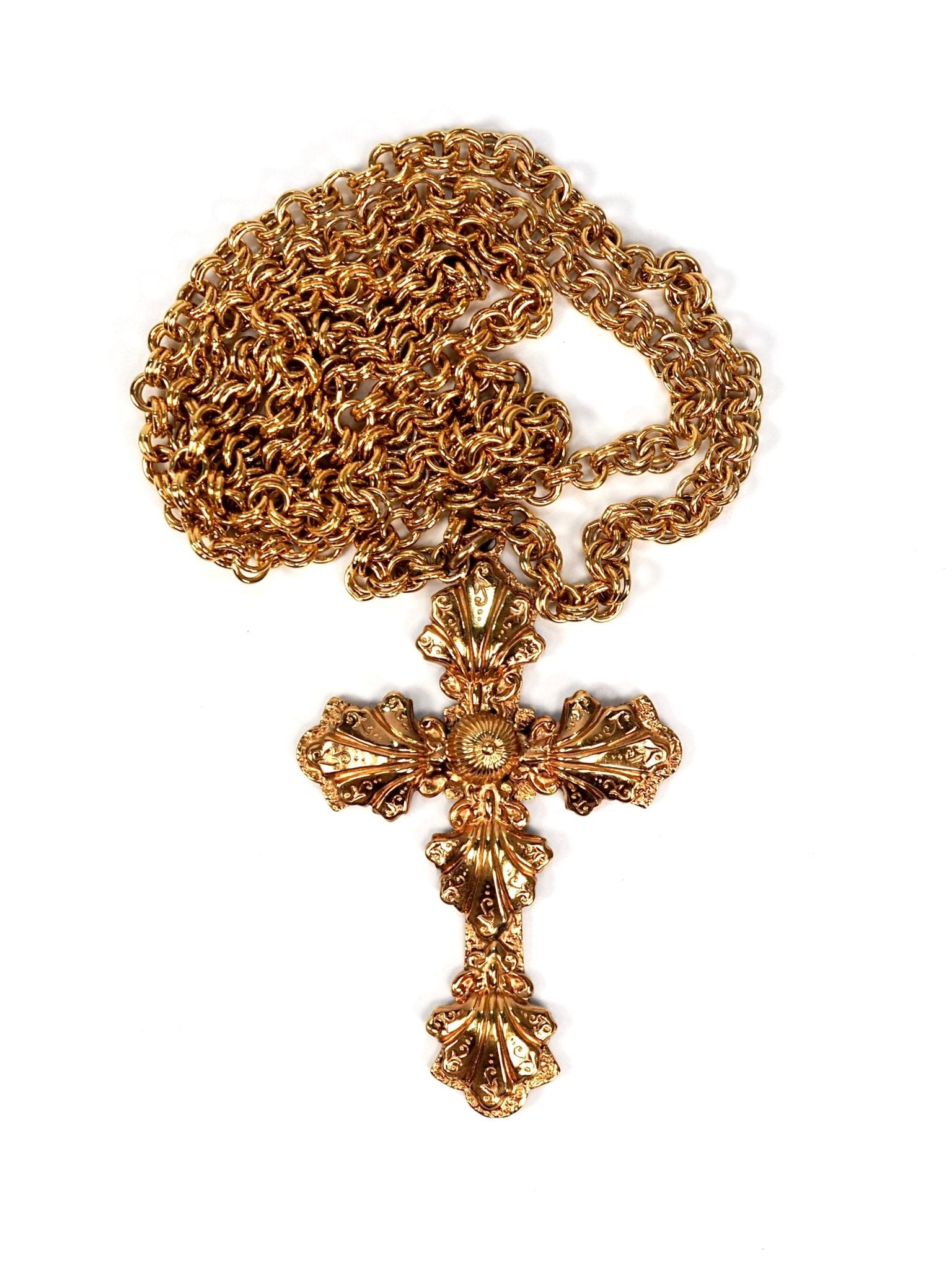 Gold Intricately Detailed Long Cross Necklace - Georgie's NYC - Necklaces