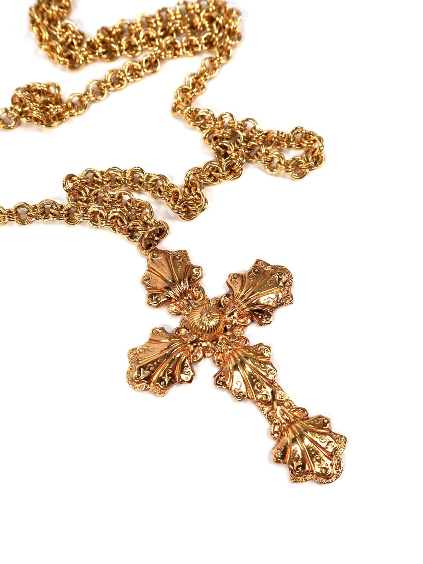 Gold Intricately Detailed Long Cross Necklace - Georgie's NYC - Necklaces