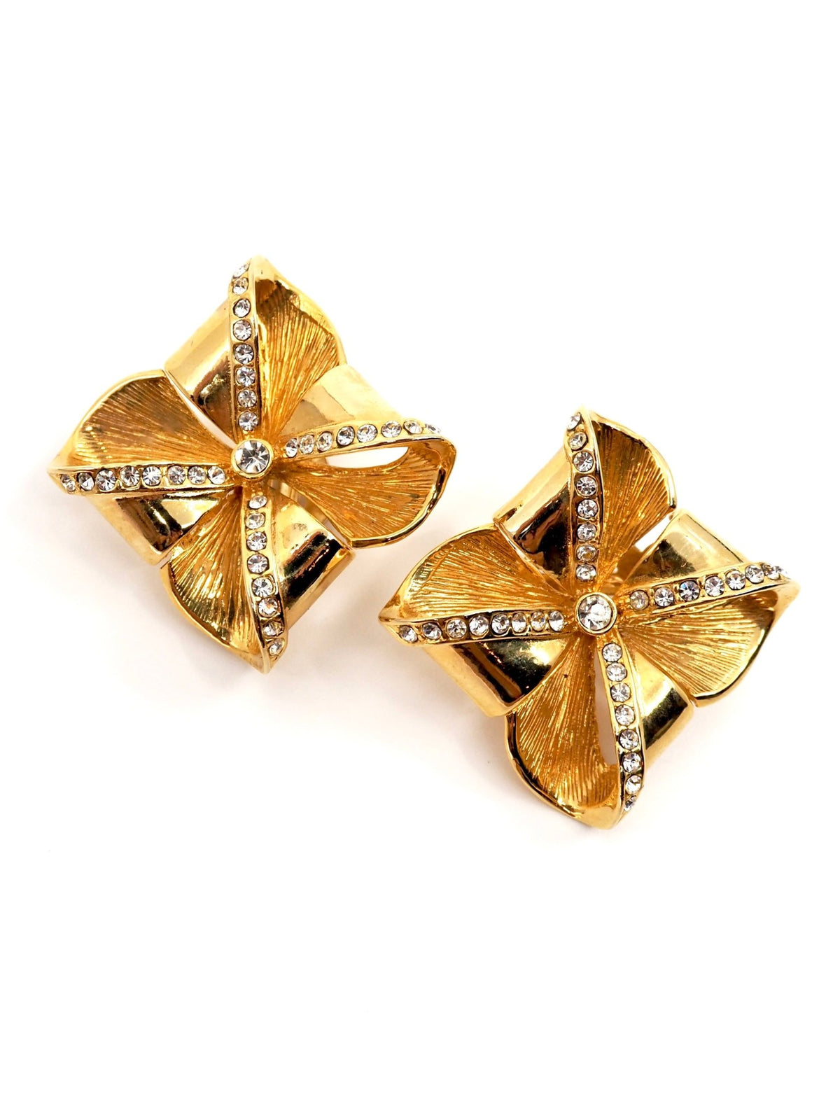 Gold Sculptural Bow Ribbon Rhinestone Statement Clip Earrings - Georgie's NYC - Earrings