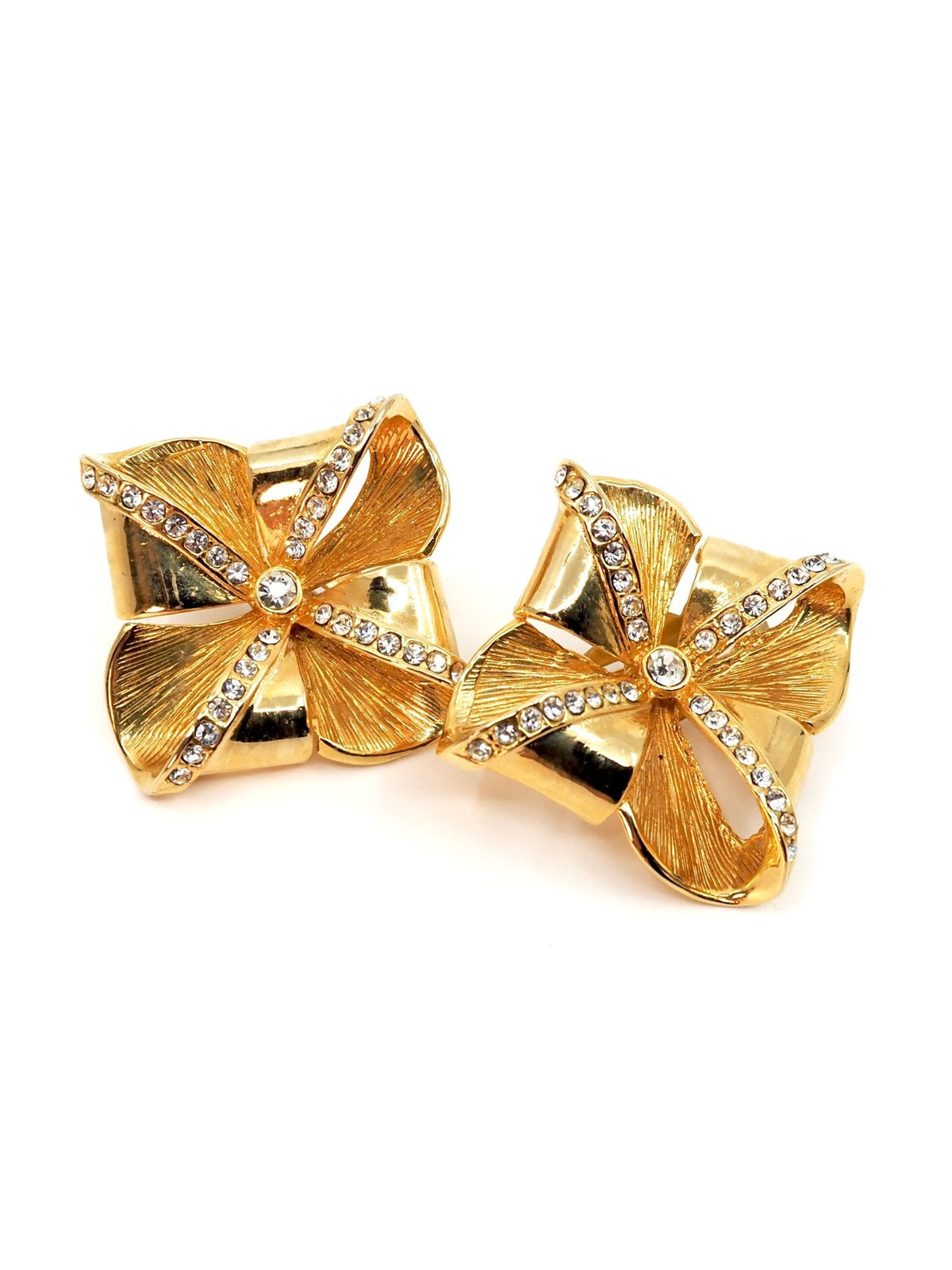 Gold Sculptural Bow Ribbon Rhinestone Statement Clip Earrings - Georgie's NYC - Earrings