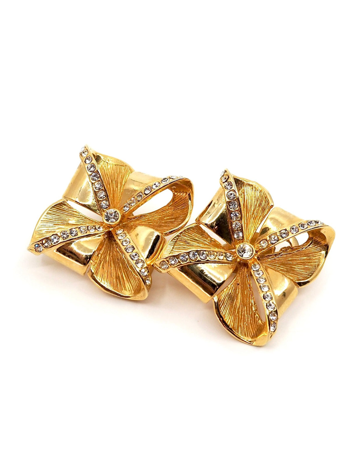 Gold Sculptural Bow Ribbon Rhinestone Statement Clip Earrings - Georgie's NYC - Earrings