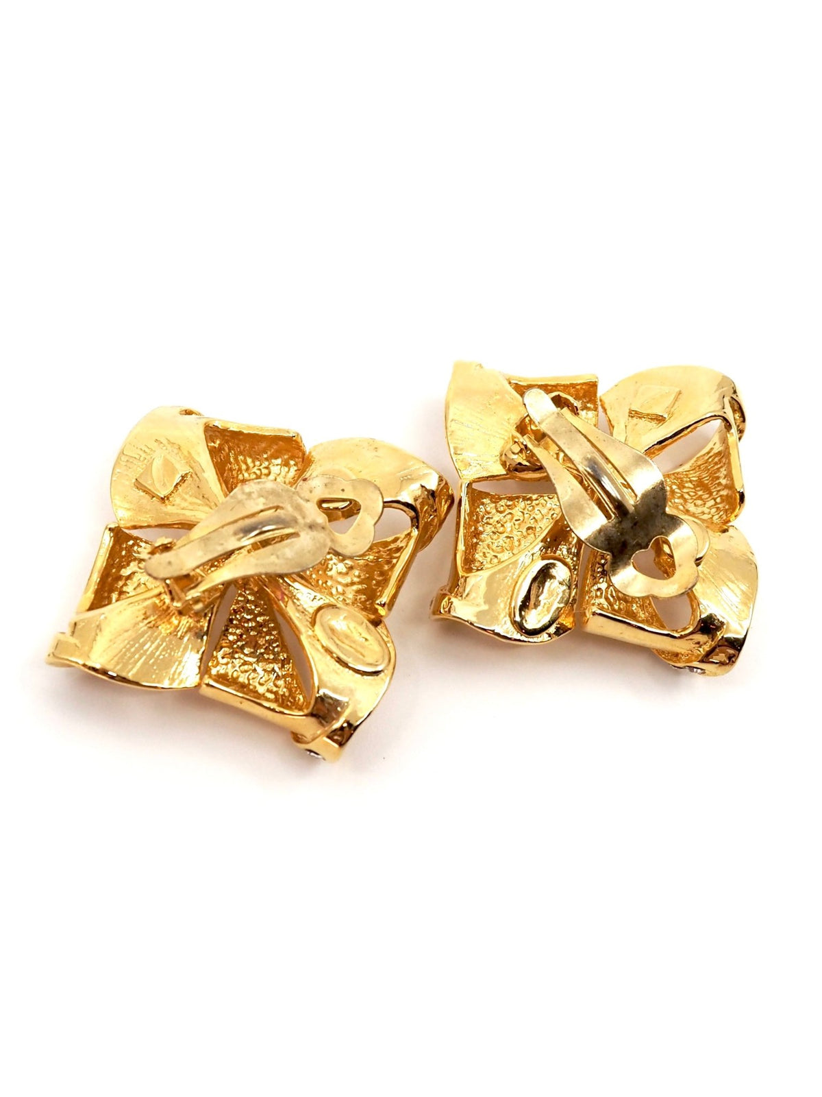 Gold Sculptural Bow Ribbon Rhinestone Statement Clip Earrings - Georgie's NYC - Earrings