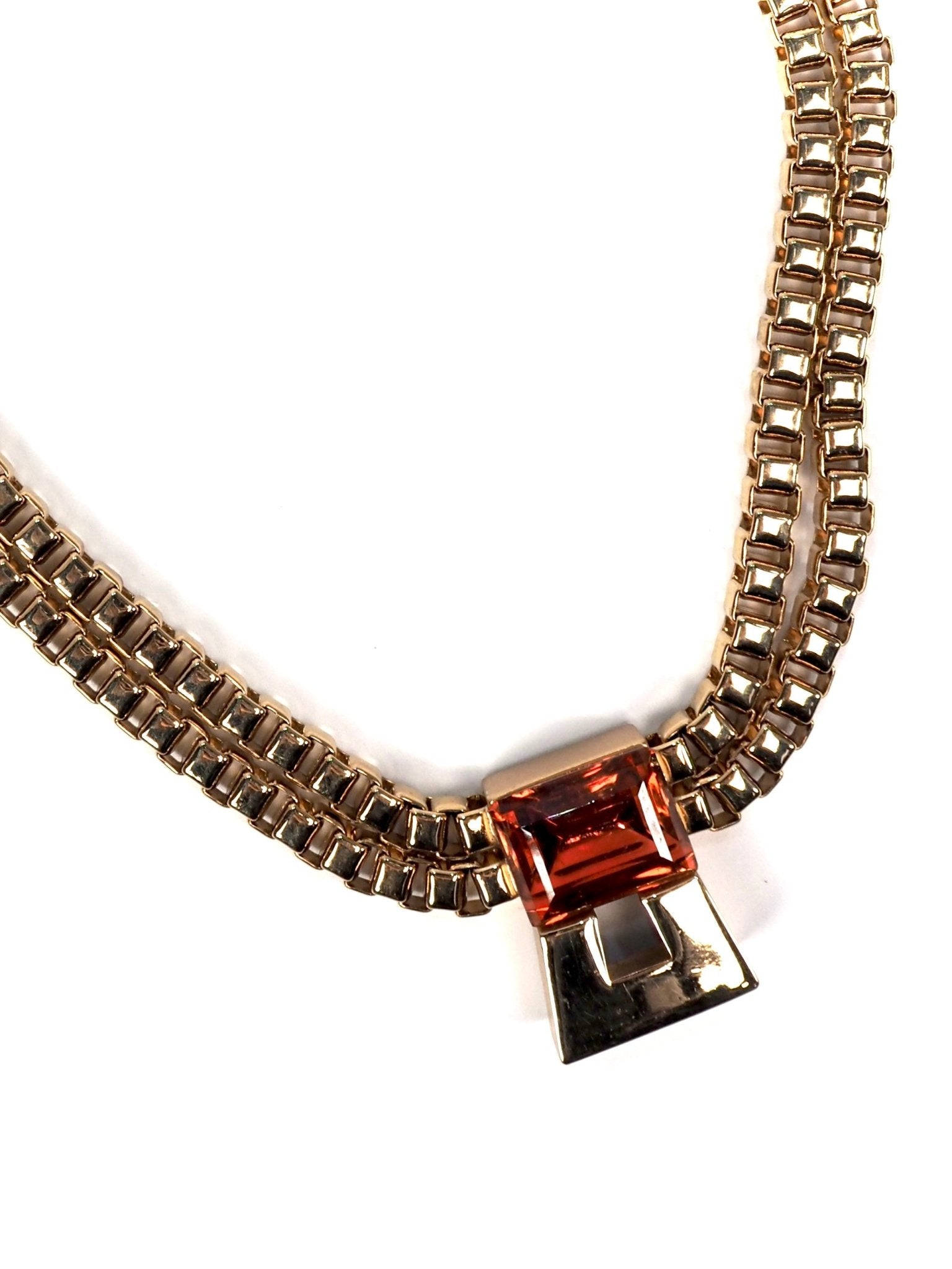 Gold Tone Statement Necklace with Coral Amber Center Stone - Georgie's NYC - Necklaces