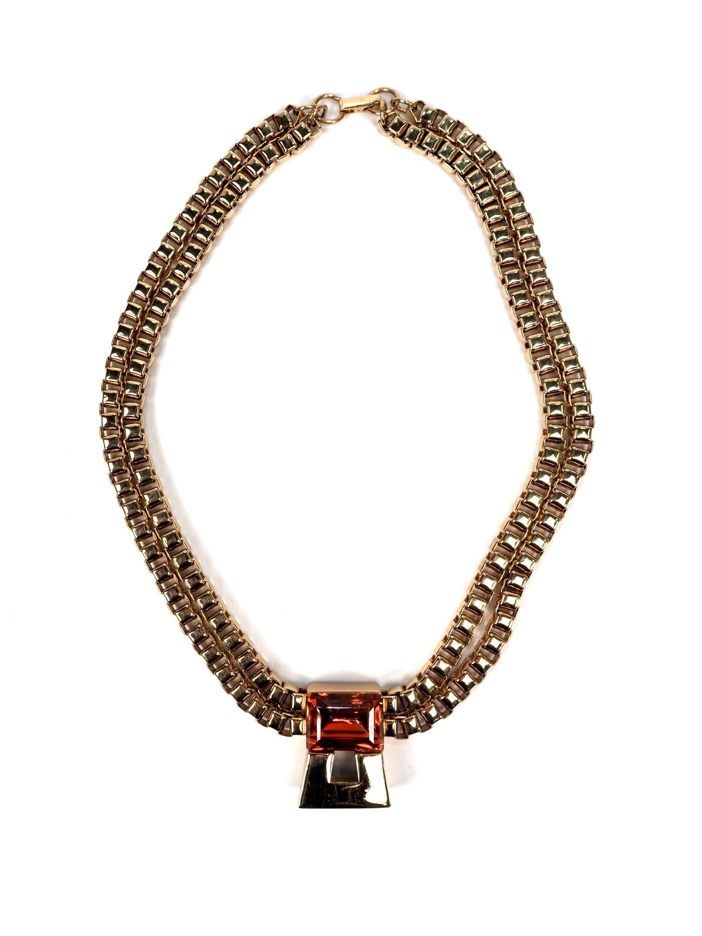 Gold Tone Statement Necklace with Coral Amber Center Stone - Georgie's NYC - Necklaces