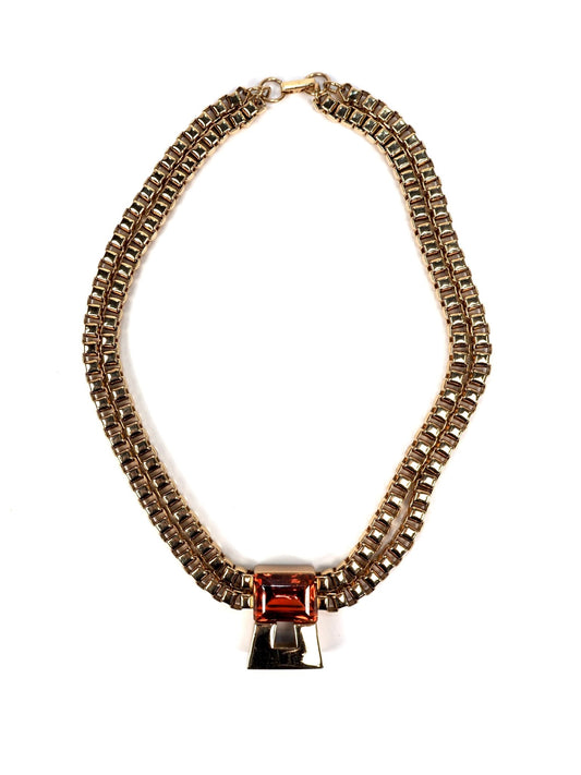 Gold Tone Statement Necklace with Coral Amber Center Stone - Georgie's NYC - Necklaces