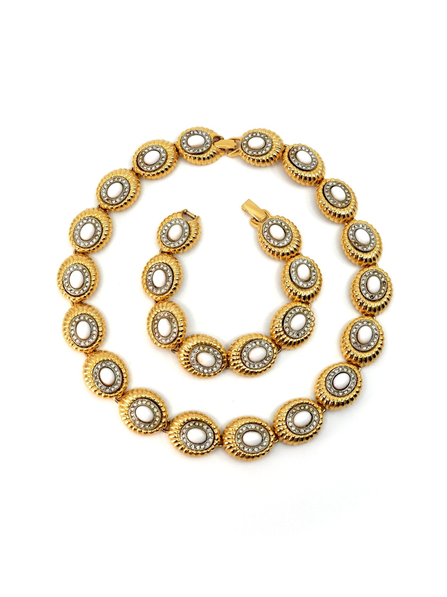 Goldette Gold White Enamel Rhinestone Oval Link Necklace Bracelet Set - Georgie's NYC - Necklaces