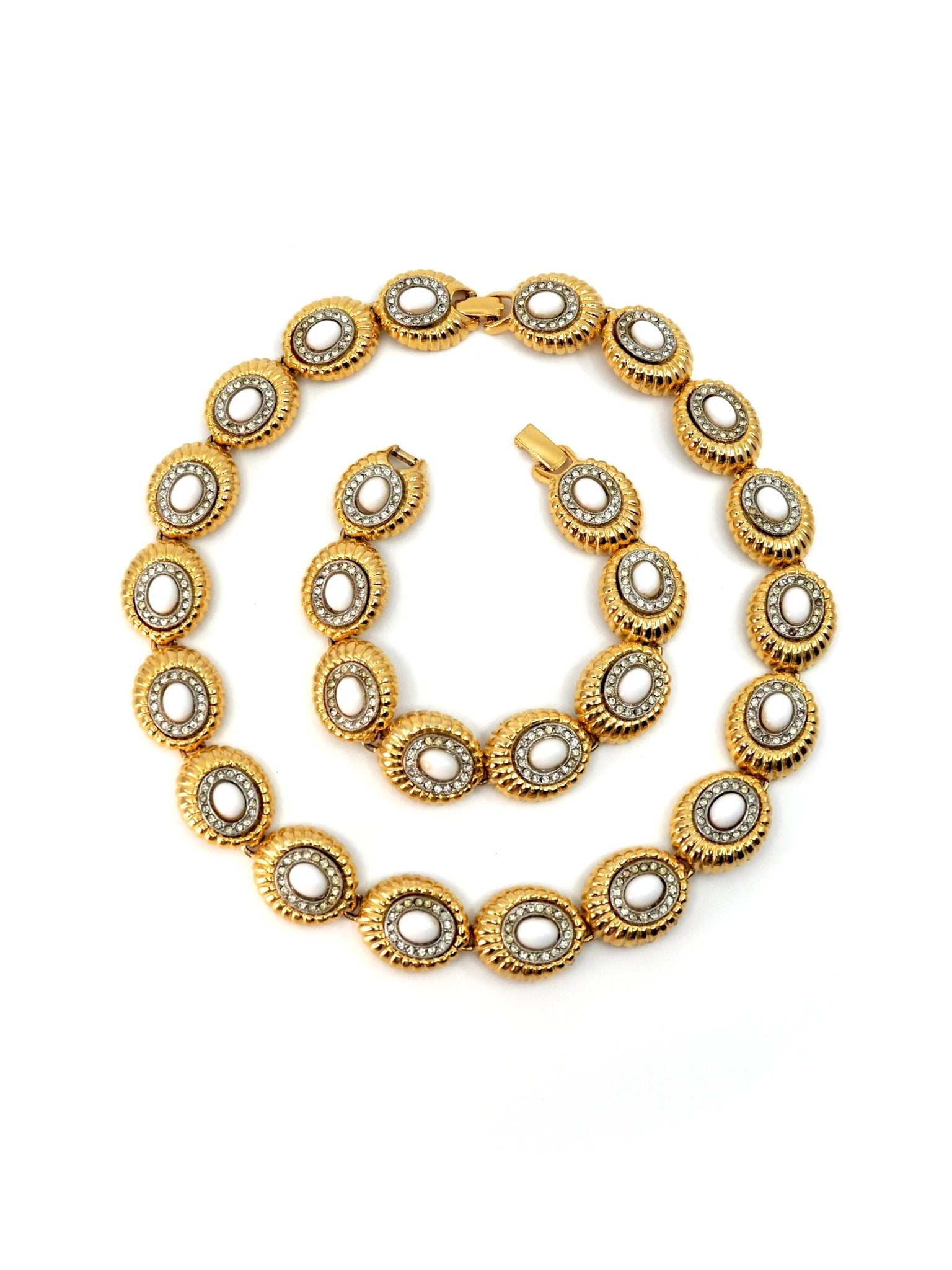 Goldette Gold White Enamel Rhinestone Oval Link Necklace Bracelet Set - Georgie's NYC - Necklaces