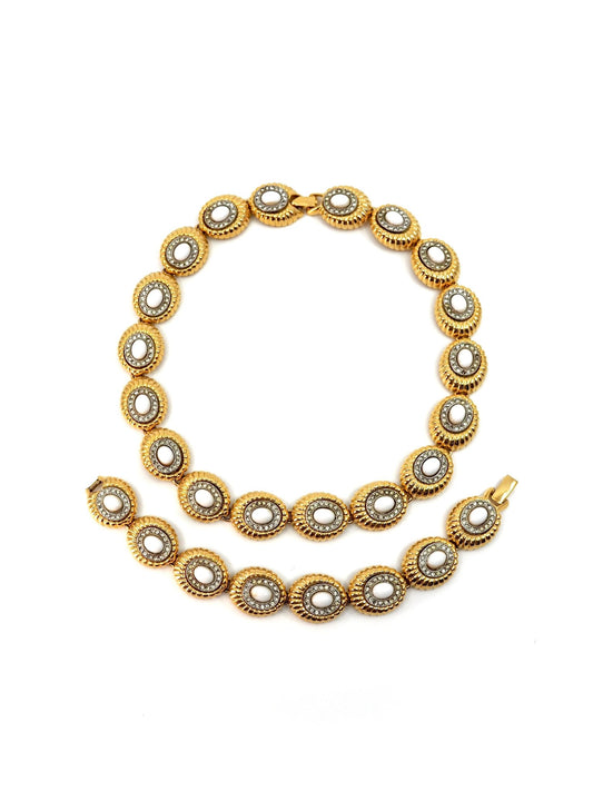 Goldette Gold White Enamel Rhinestone Oval Link Necklace Bracelet Set - Georgie's NYC - Necklaces