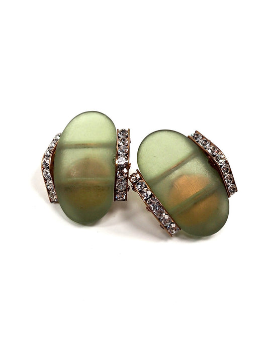 Green Opaque Lucite Oval Rhinestone Earrings - Georgie's NYC - Earrings