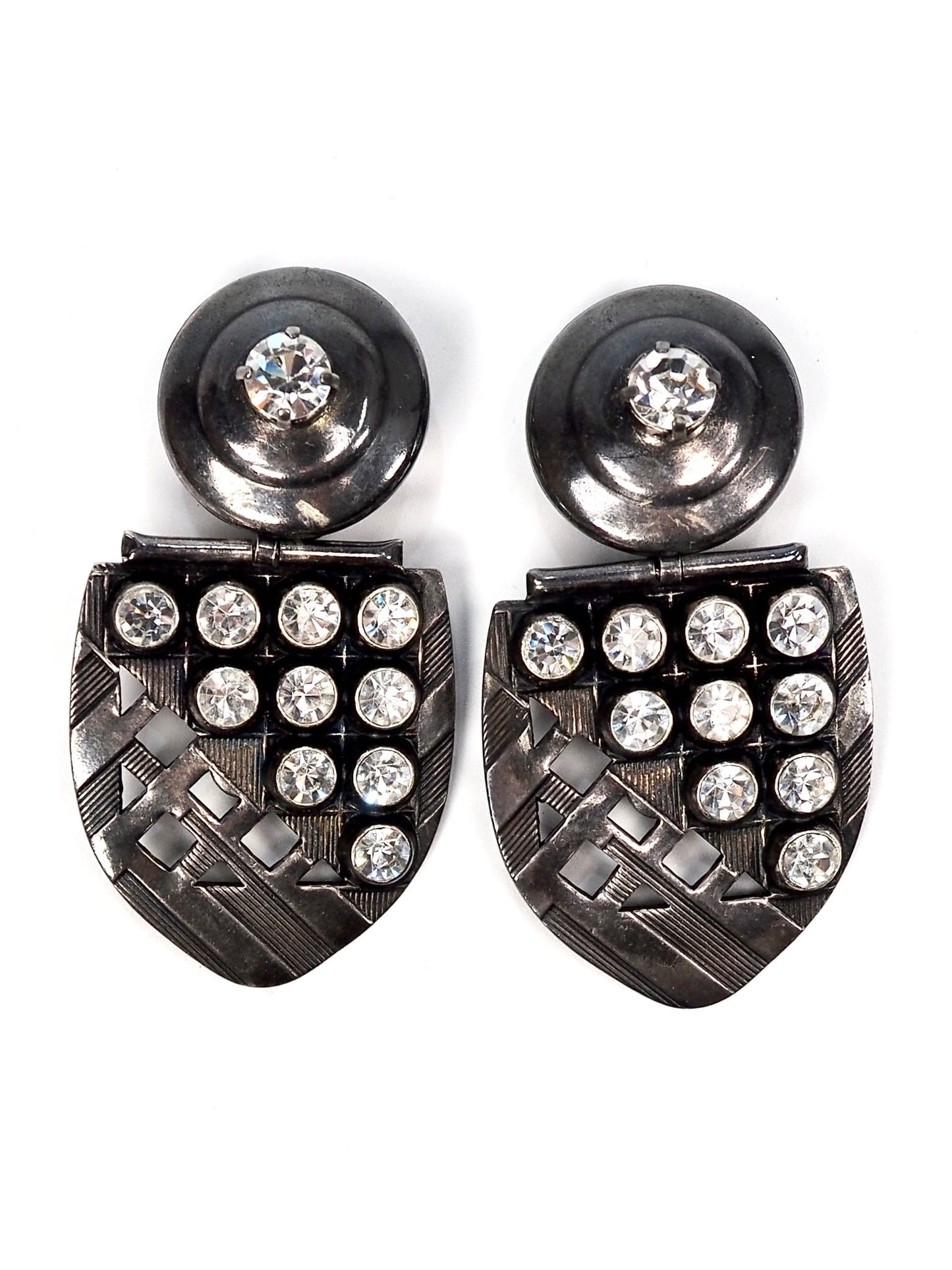 Gunmetal Oversized Shield Glass Rhinestone Earrings - Georgie's NYC - Earrings